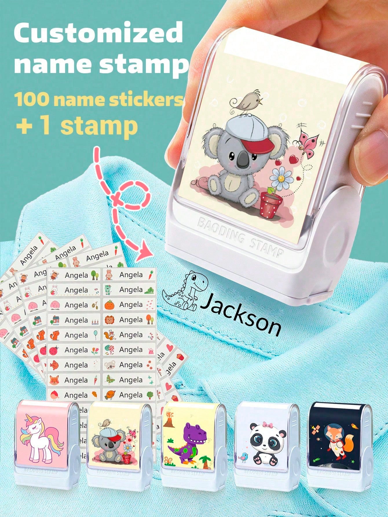 100pcs Personalized Name Stickers And 1pc Custom Name Stamp For Kids Clothing Waterproof The Name Stamp Personalized For Clothes ,Handwritten Signature Stamp,Personalized Clothing Stamps For Clothes, DIY Customized Cartoon Self Inking Name Seal Stamp For