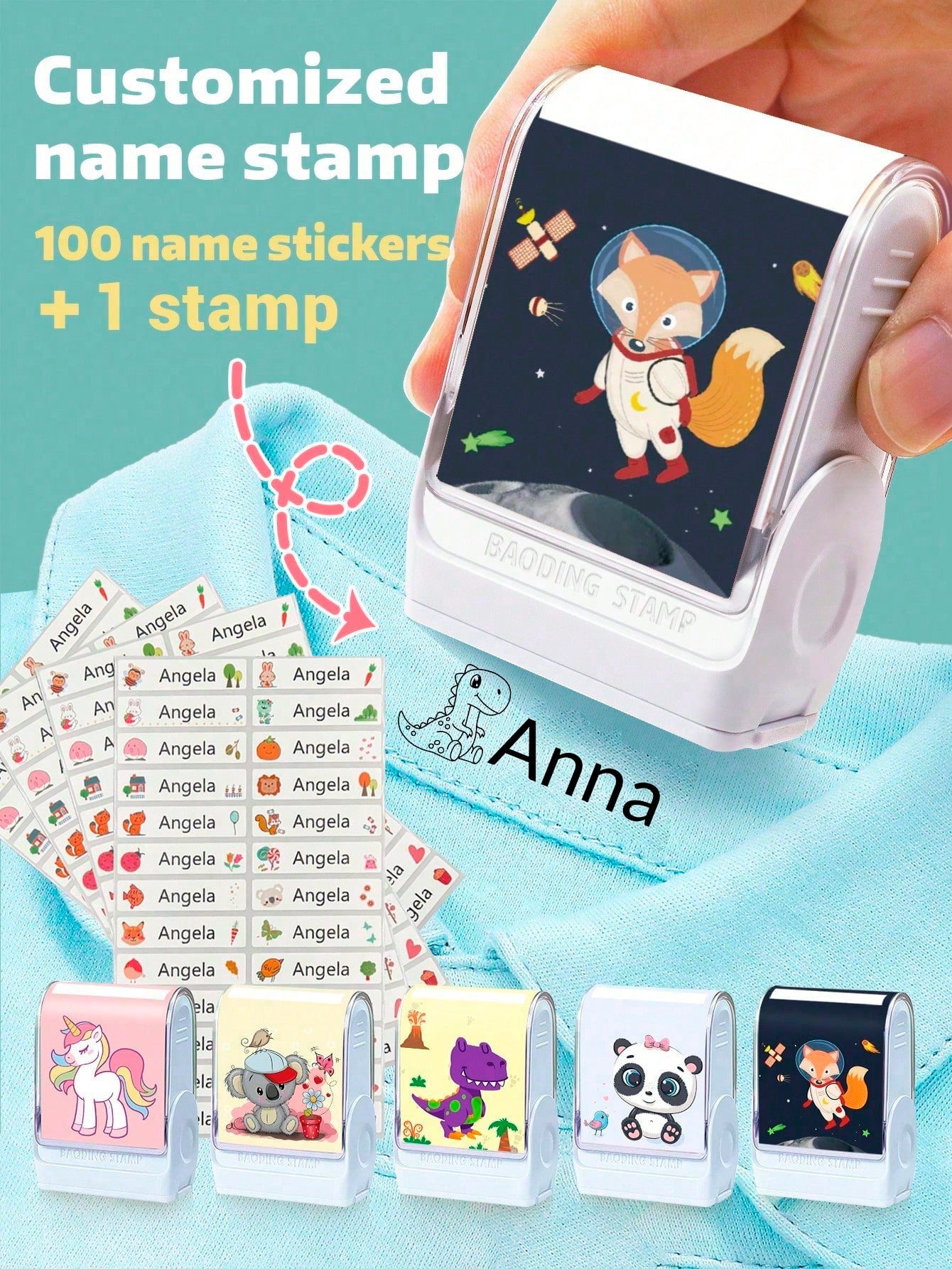 100pcs Personalized Name Stickers And 1pc Custom Name Stamp For Kids Clothing Waterproof The Name Stamp Personalized For Clothes ,Handwritten Signature Stamp,Personalized Clothing Stamps For Clothes, DIY Customized Cartoon Self Inking Name Seal Stamp For