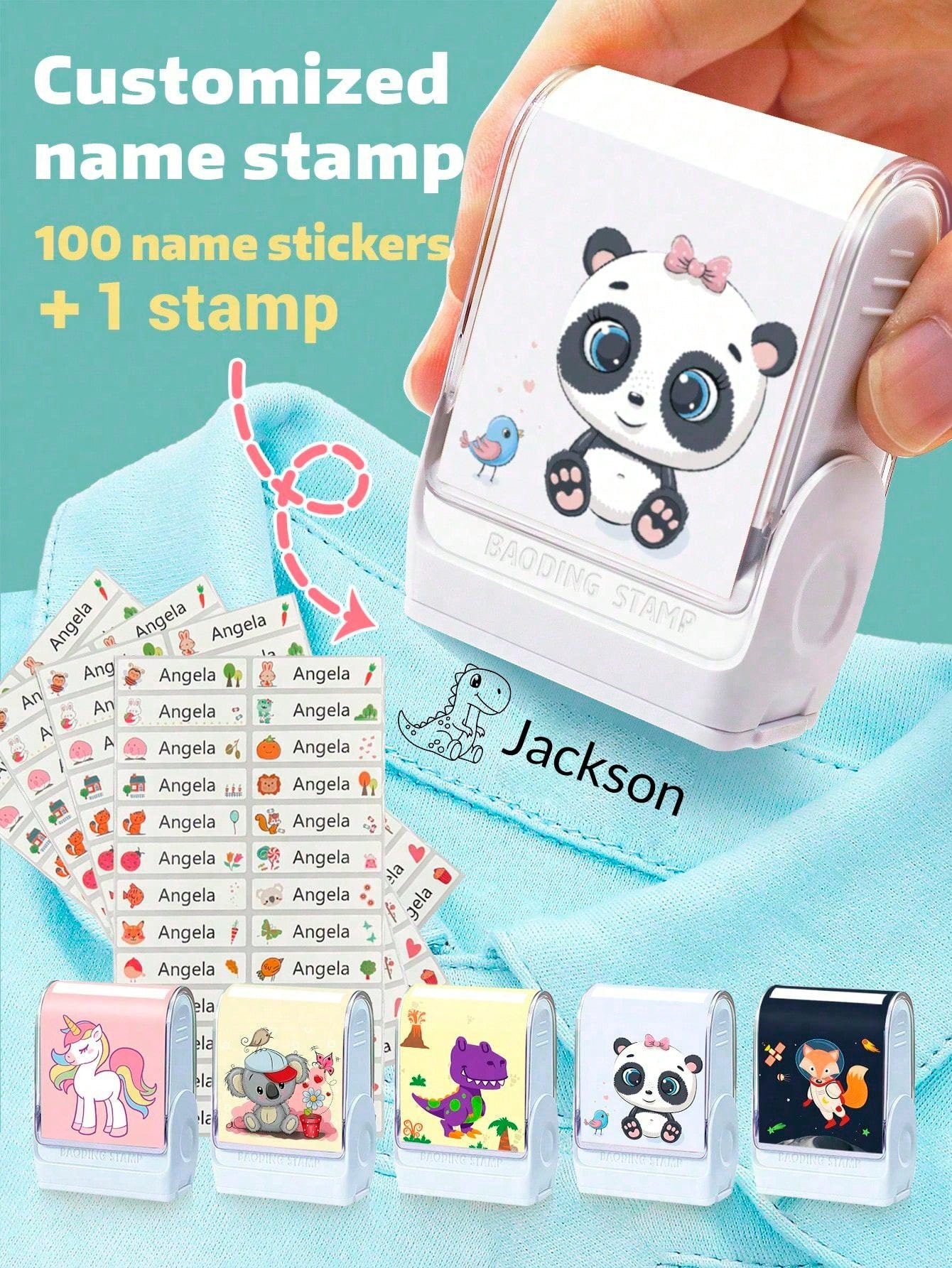 100pcs Personalized Name Stickers And 1pc Custom Name Stamp For Kids Clothing Waterproof The Name Stamp Personalized For Clothes ,Handwritten Signature Stamp,Personalized Clothing Stamps For Clothes, DIY Customized Cartoon Self Inking Name Seal Stamp For