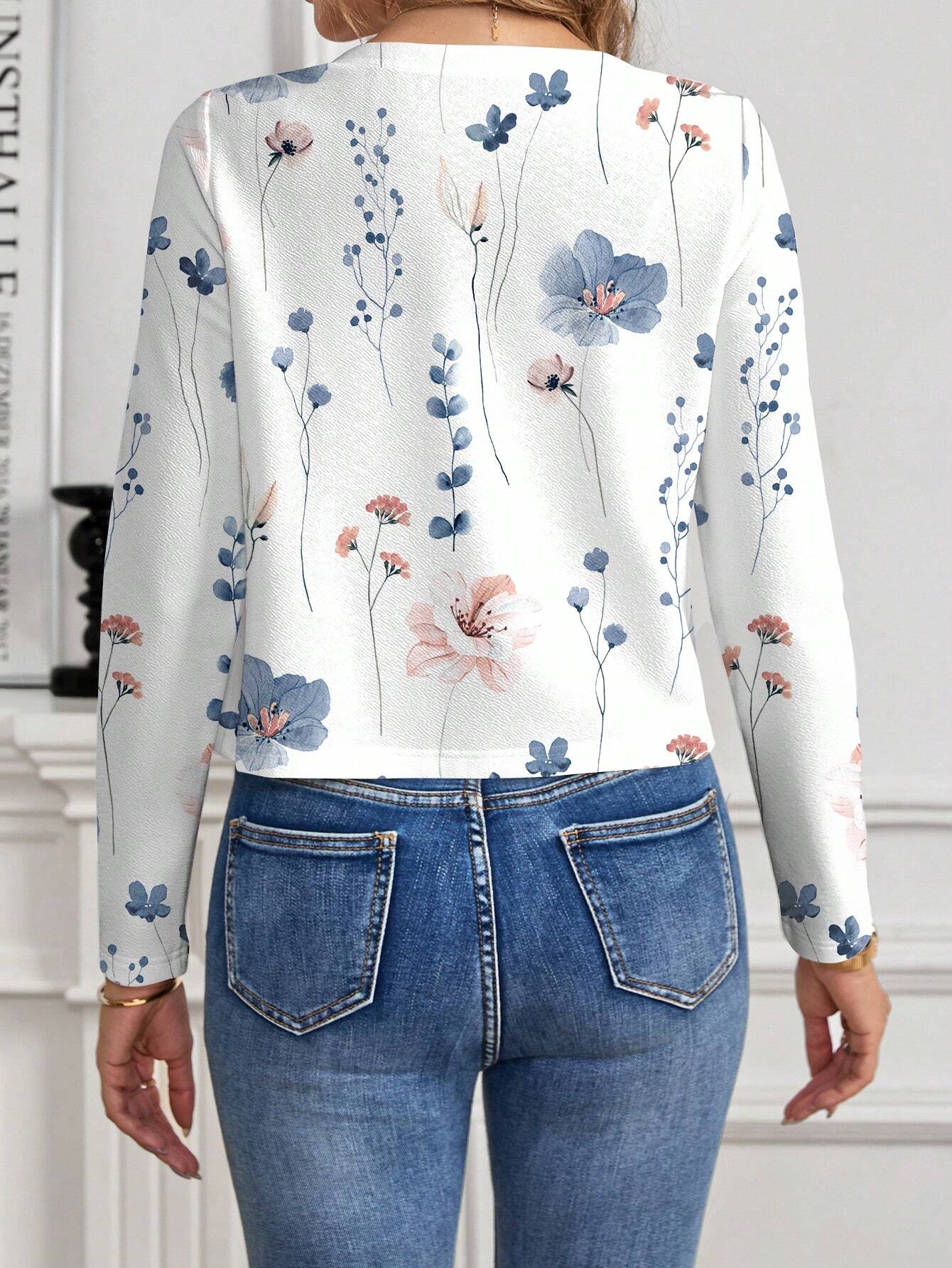 Clasi Elegant Floral Print Open Front Jacket For Women, Suitable For Summer & Autumn