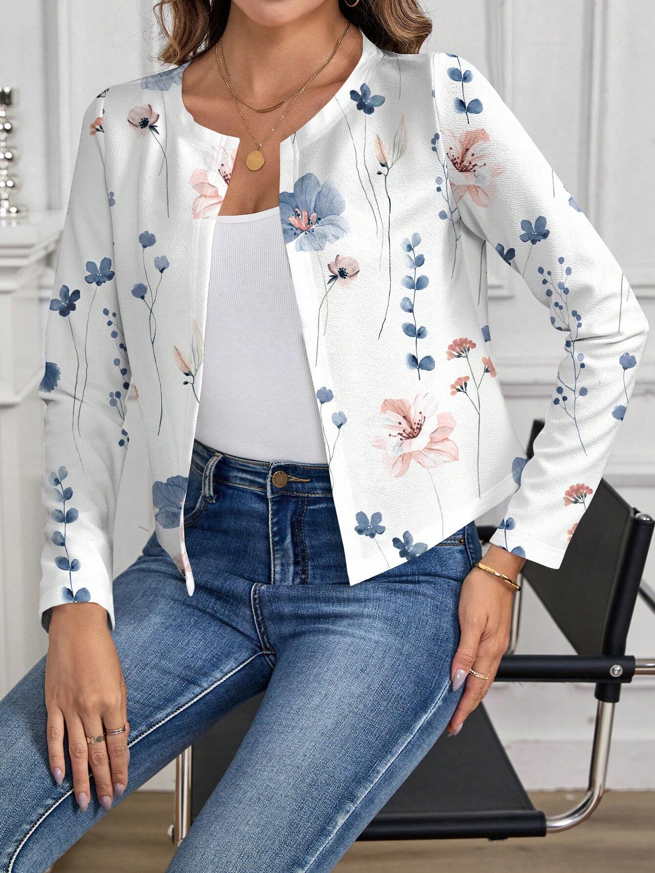 Clasi Elegant Floral Print Open Front Jacket For Women, Suitable For Summer & Autumn