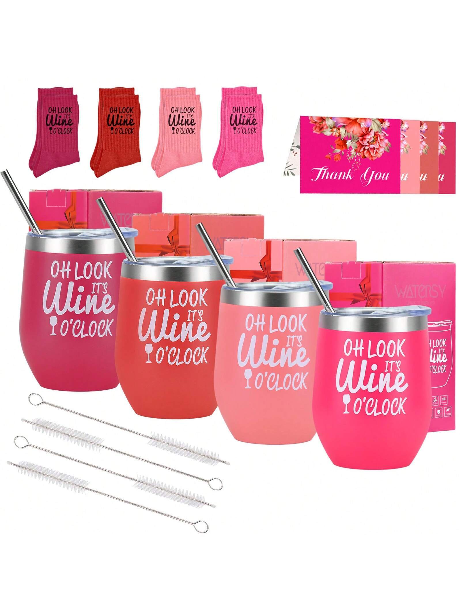 watersy 1pc Watersy 12 Oz Stainless Steel Wine Tumbler With Sealing Push Pull Lid And Steel Straw And Brush And Socks And Blessing Card & Gift Box, Double Wall Vacuum Insulated Travel Tumbler Cup For Coffee, Wine, Cocktails, Ice Cream