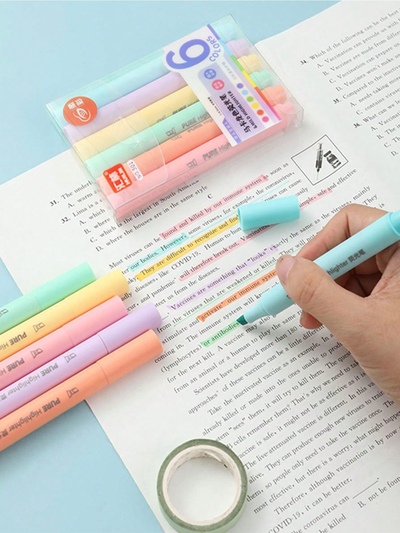 1box 6pcs Double-Headed Fluorescent Highlighter With Visible Window, Used For Student Notes, Doodles