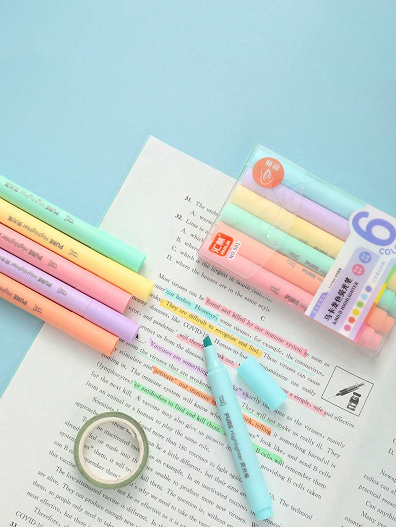 1box 6pcs Colorful Fluorescent Highlighter Pens For Students