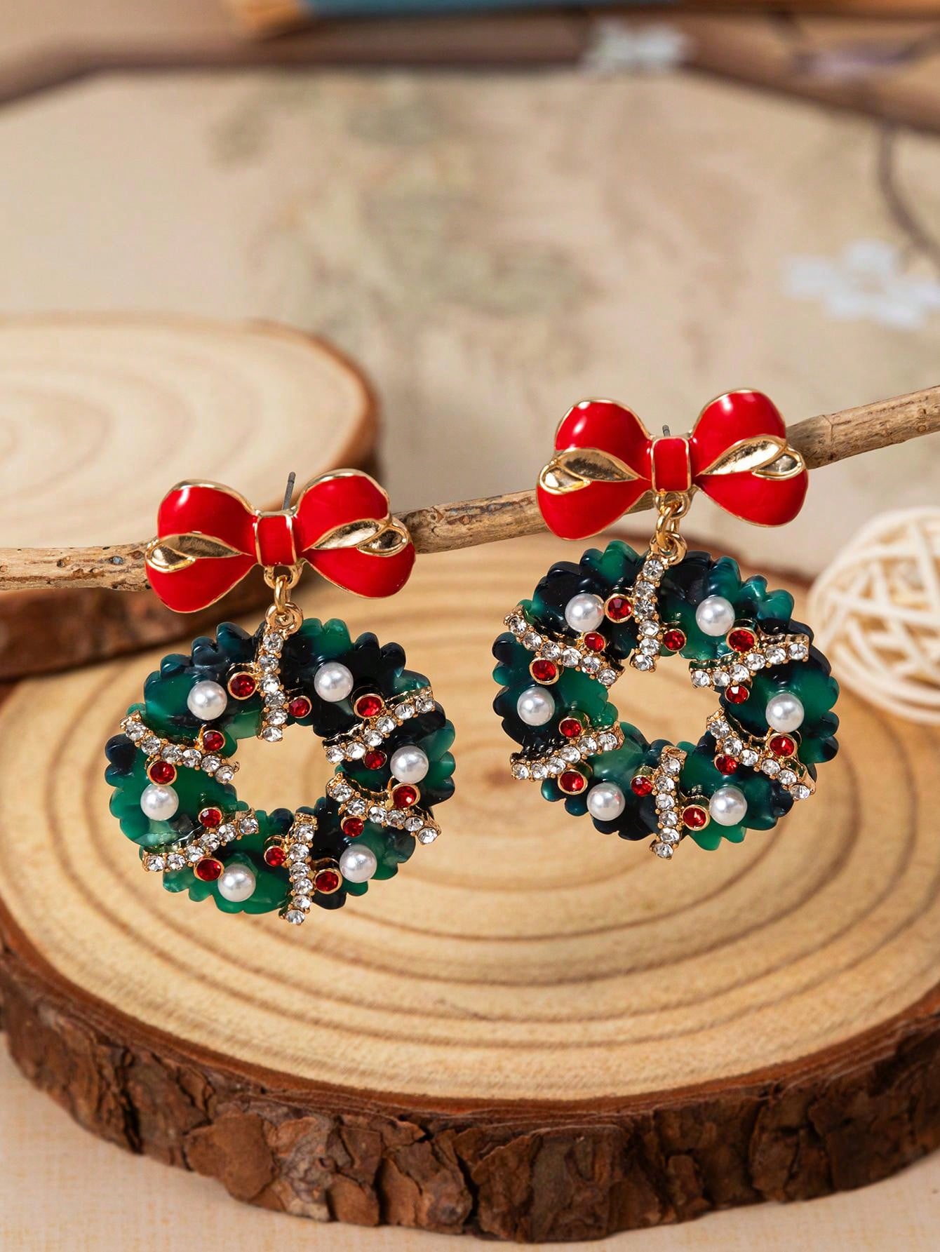 1pair Crystal & Pearl Acetate Christmas Tree, Gingerbread Deer, Wreath, Bow Earrings, Holiday Gifts For Women