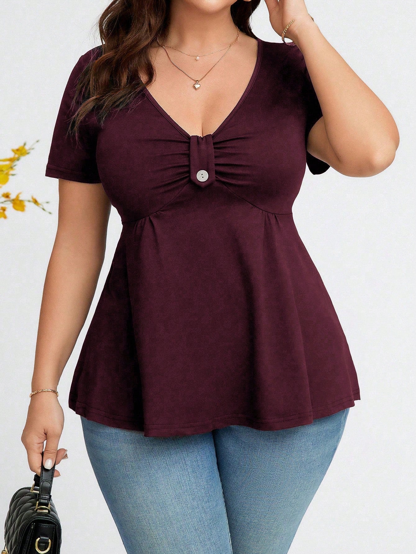 Clasi Plus Size Women's Solid V-Neck Short Sleeve Ruffle Casual T-Shirt, Summer