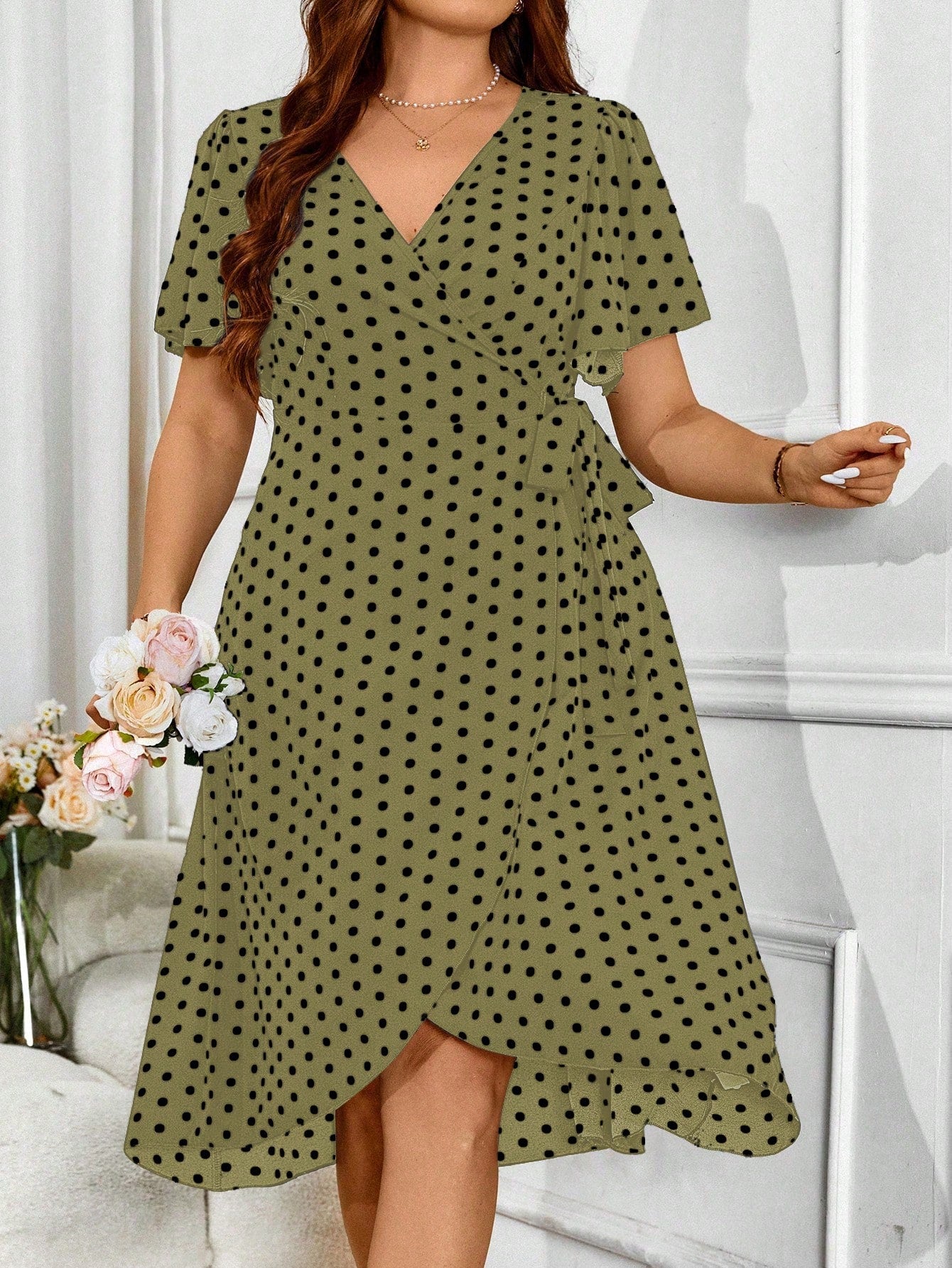 VCAY Plus Size Women's Summer Polka Dot Ruffled Sleeve Wrap Dress