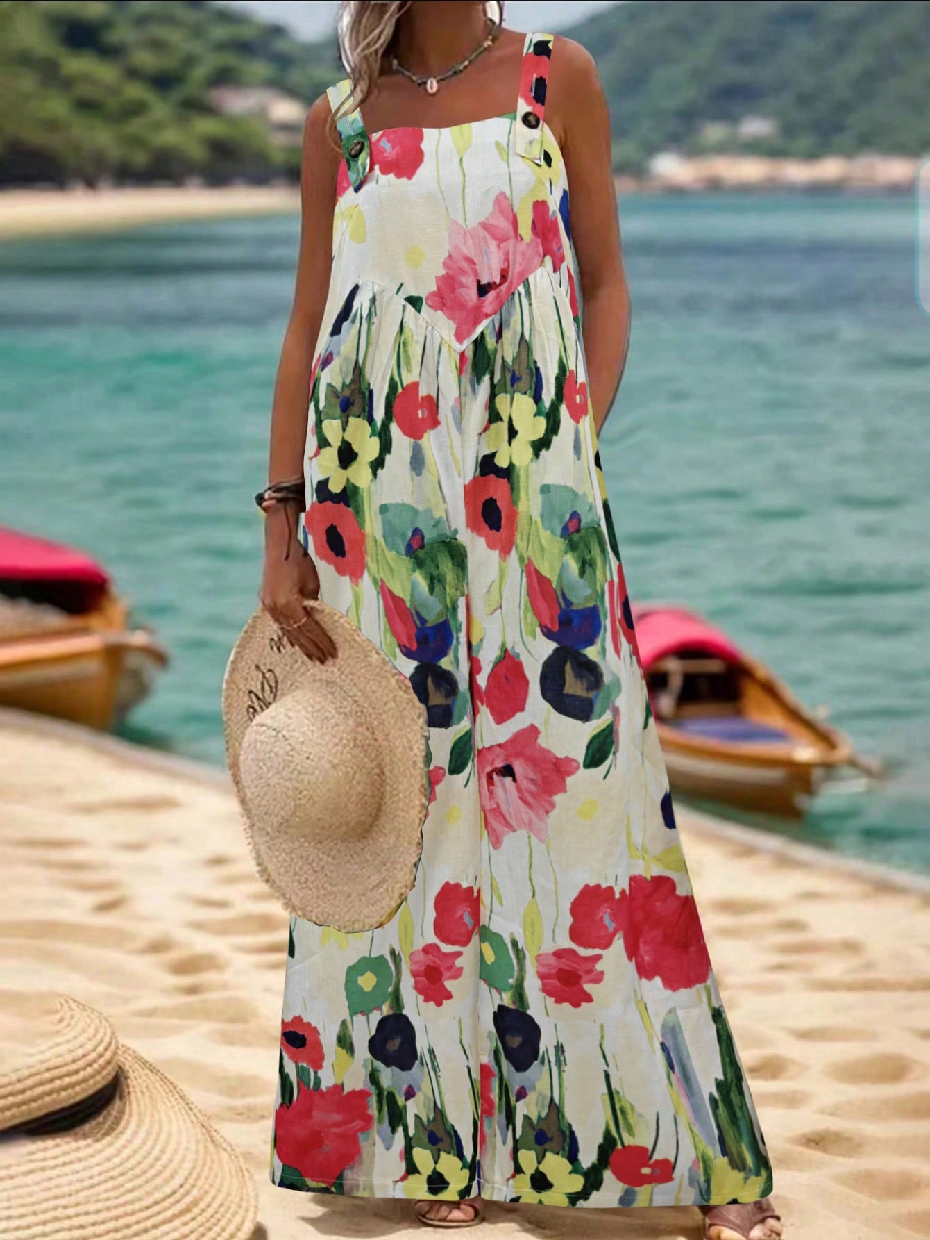 LUNE Floral Print Wide-Leg Jumpsuit For Vacation And Leisure