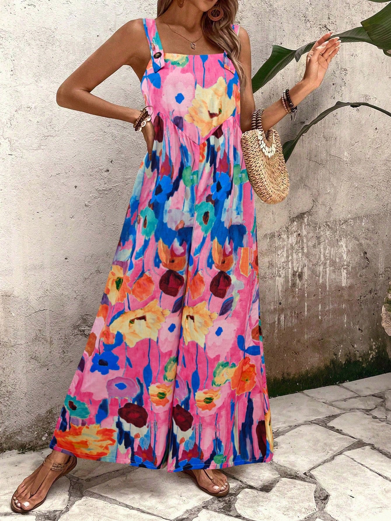 LUNE Floral Print Wide-Leg Jumpsuit For Vacation And Leisure