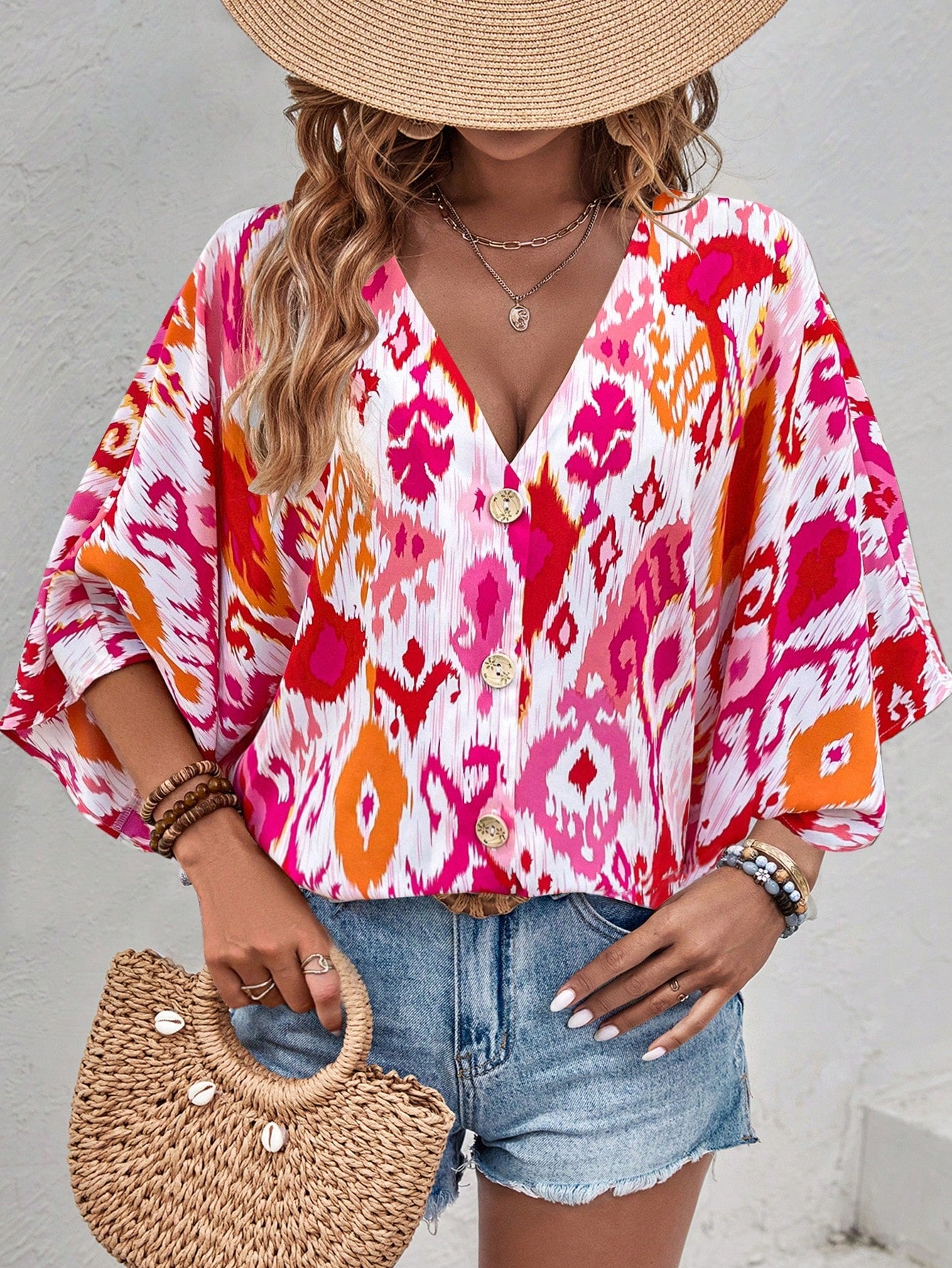 LUNE Allover Print Batwing Sleeve Blouse