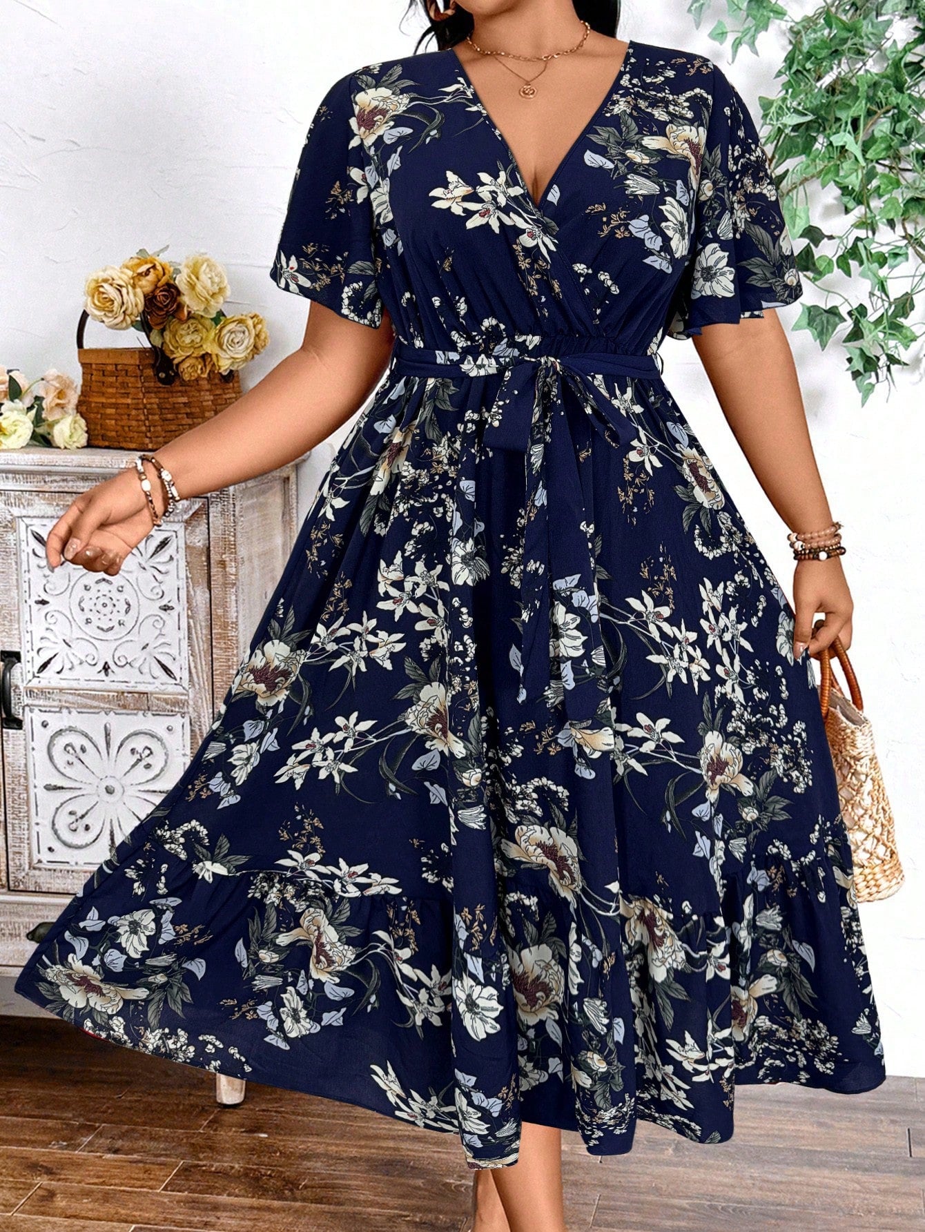 Plus Size Holiday Floral Print Dress Maxi Women Outfit