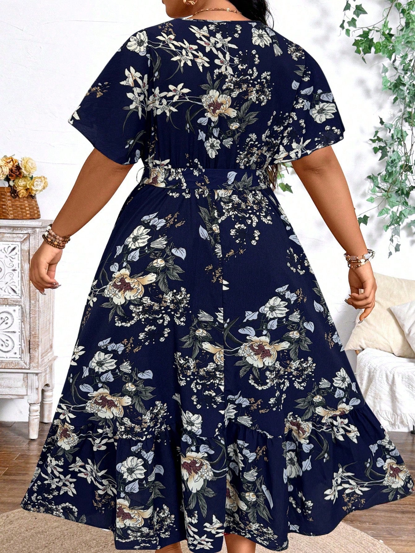 Plus Size Holiday Floral Print Dress Maxi Women Outfit