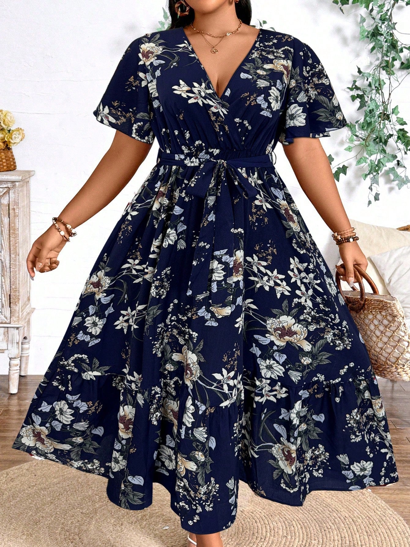 Plus Size Holiday Floral Print Dress Maxi Women Outfit