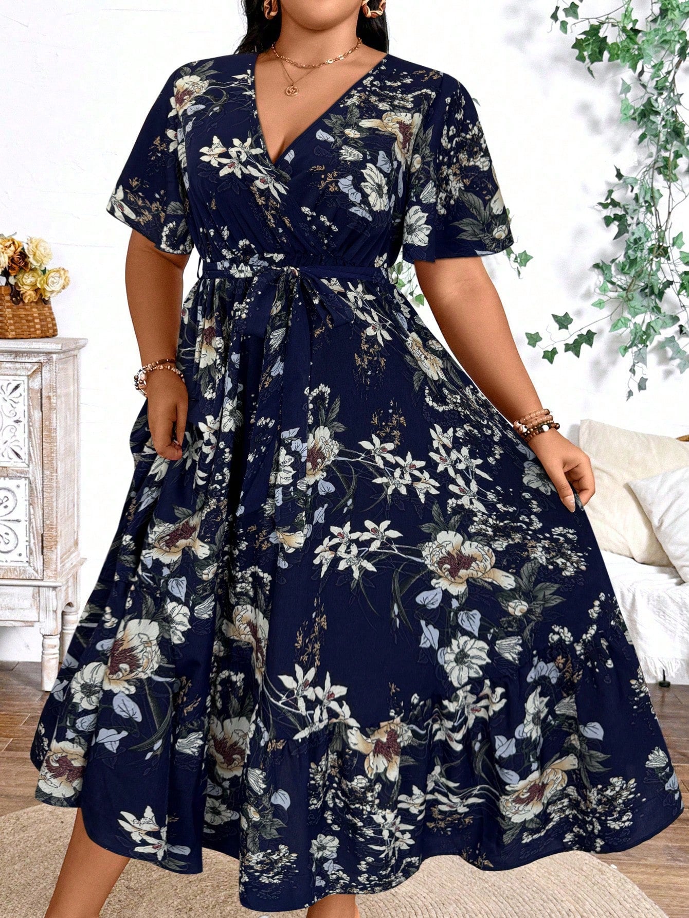 Plus Size Holiday Floral Print Dress Maxi Women Outfit