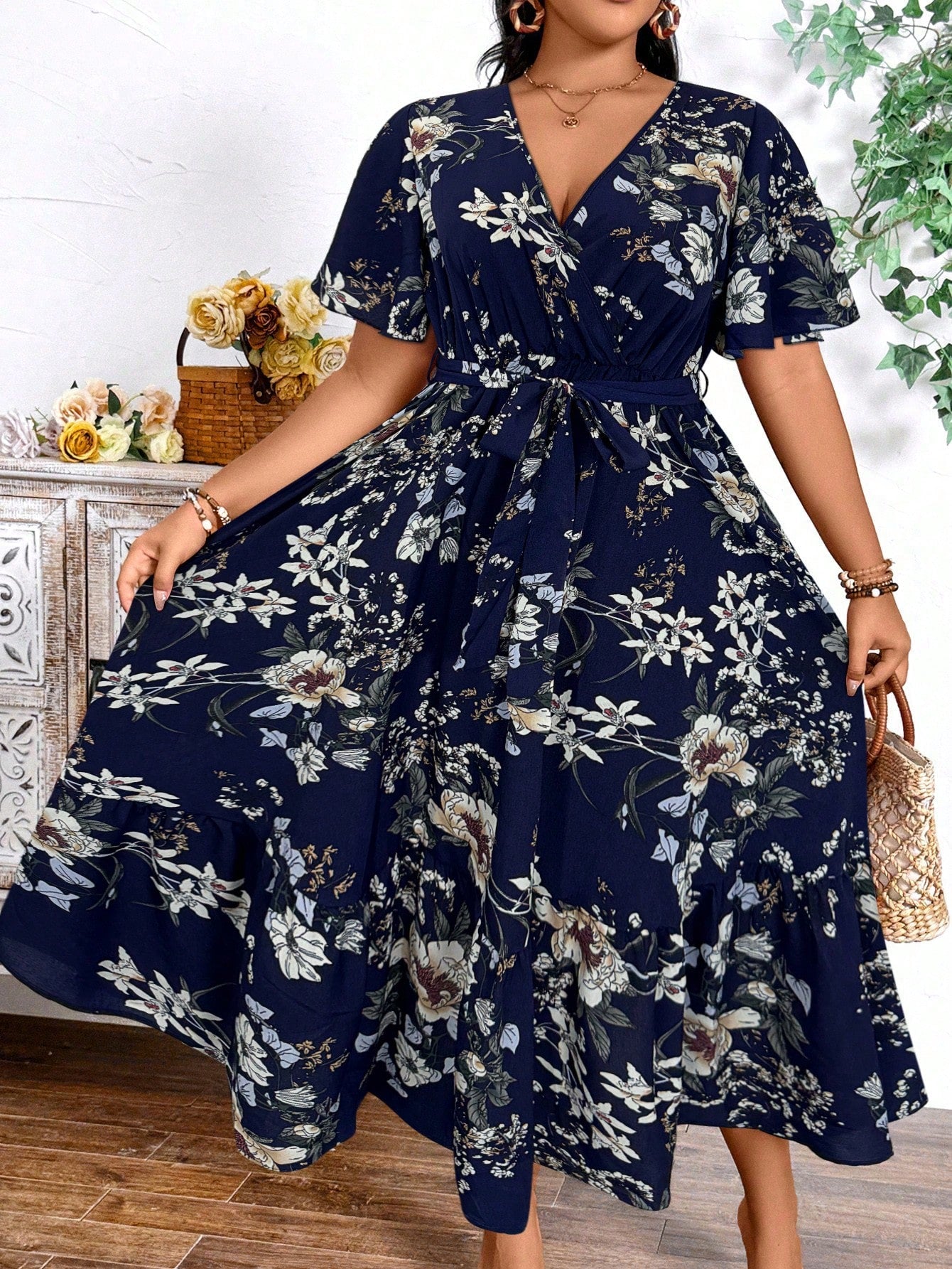 Plus Size Holiday Floral Print Dress Maxi Women Outfit