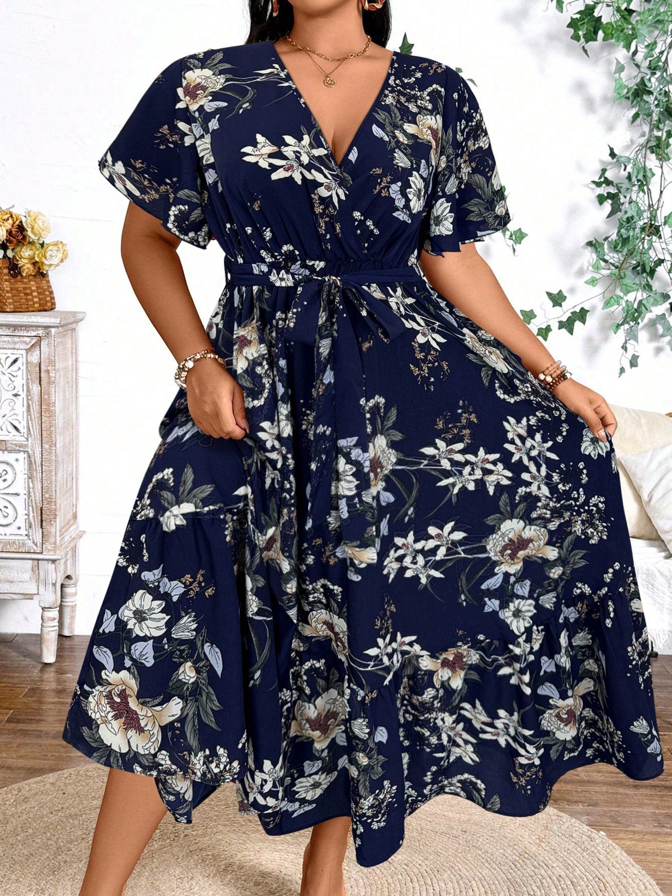 Plus Size Holiday Floral Print Dress Maxi Women Outfit