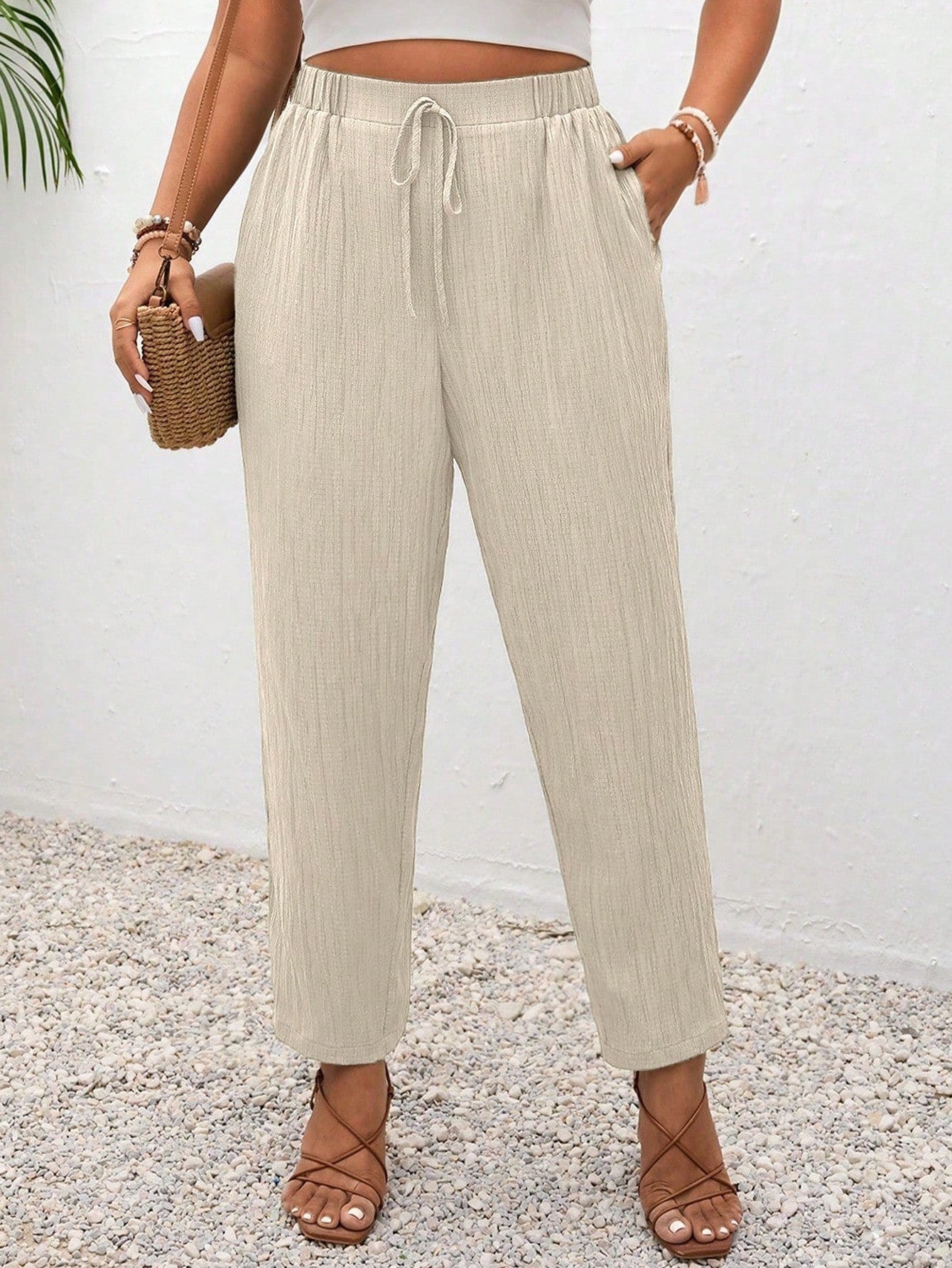 Frenchy Plus Size Vacation Solid Color Knotted Casual Pants With Pockets