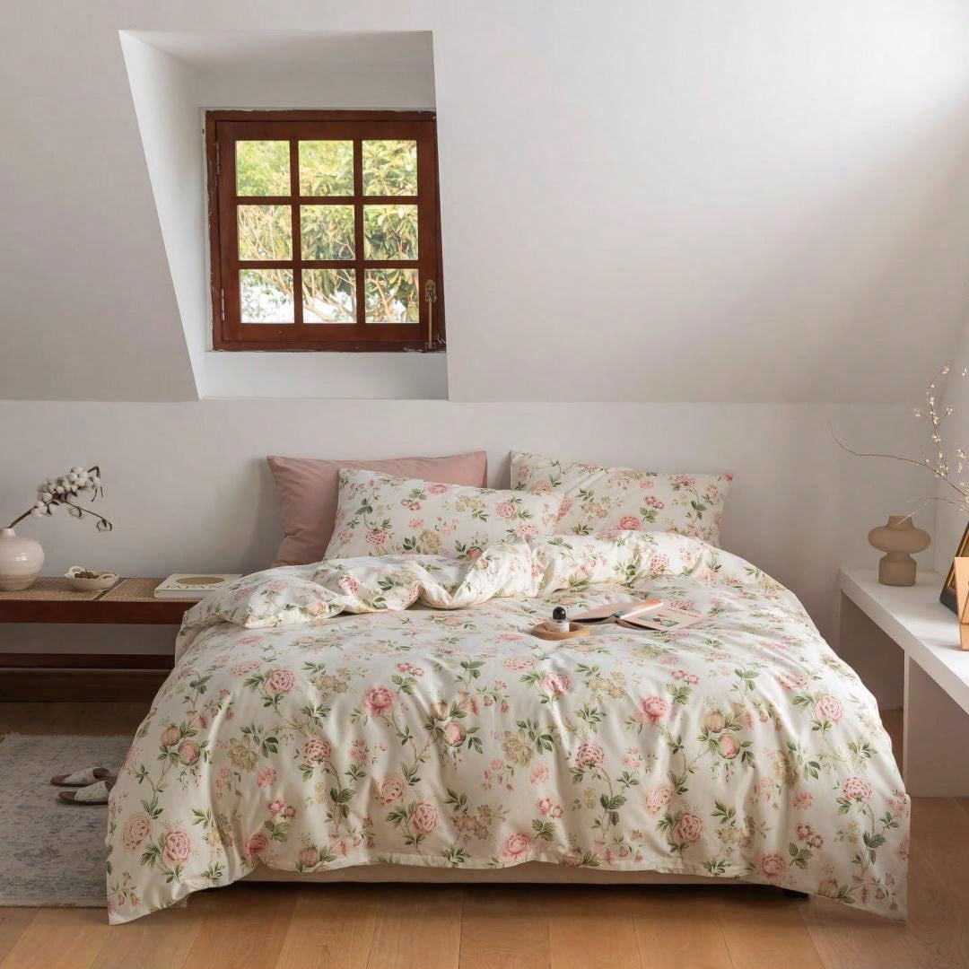 3PCS Romantic Peony Floral Print Bedding Set, 2 Pillowcases   1 Duvet Cover (Inner Not Included)