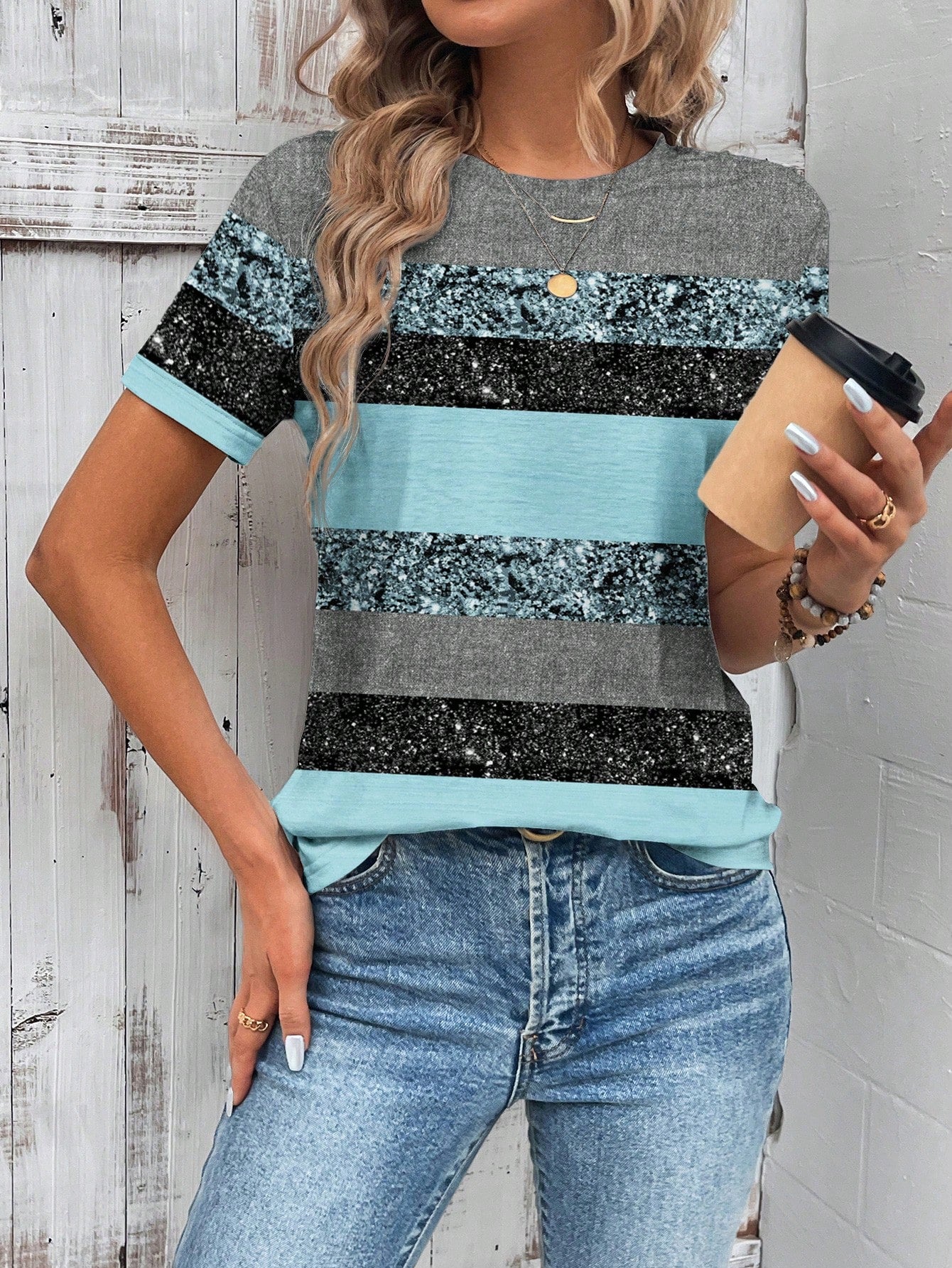 LUNE Striped Color Block Short Sleeve Summer Casual Women T-Shirt