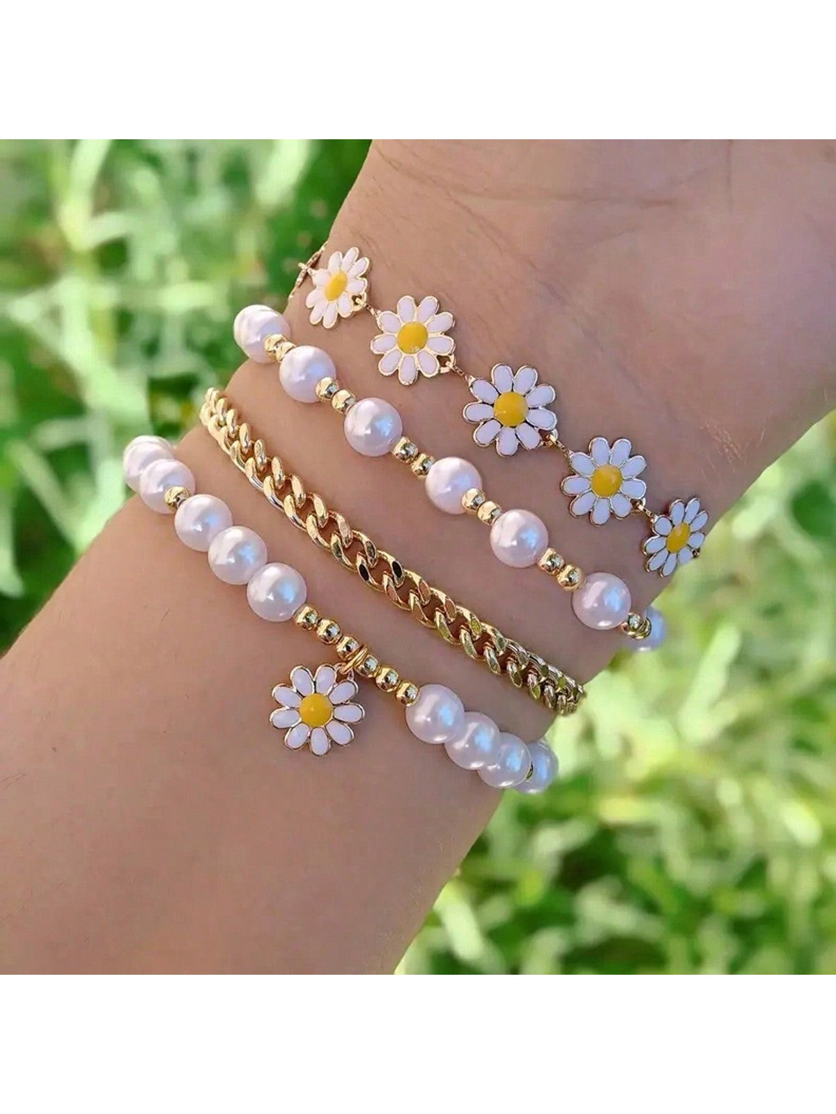 8pcs Cute Daisy Flower Heart & Faux Pearl Beaded Bracelet Set, Ideal For Women Dating Party Gifts