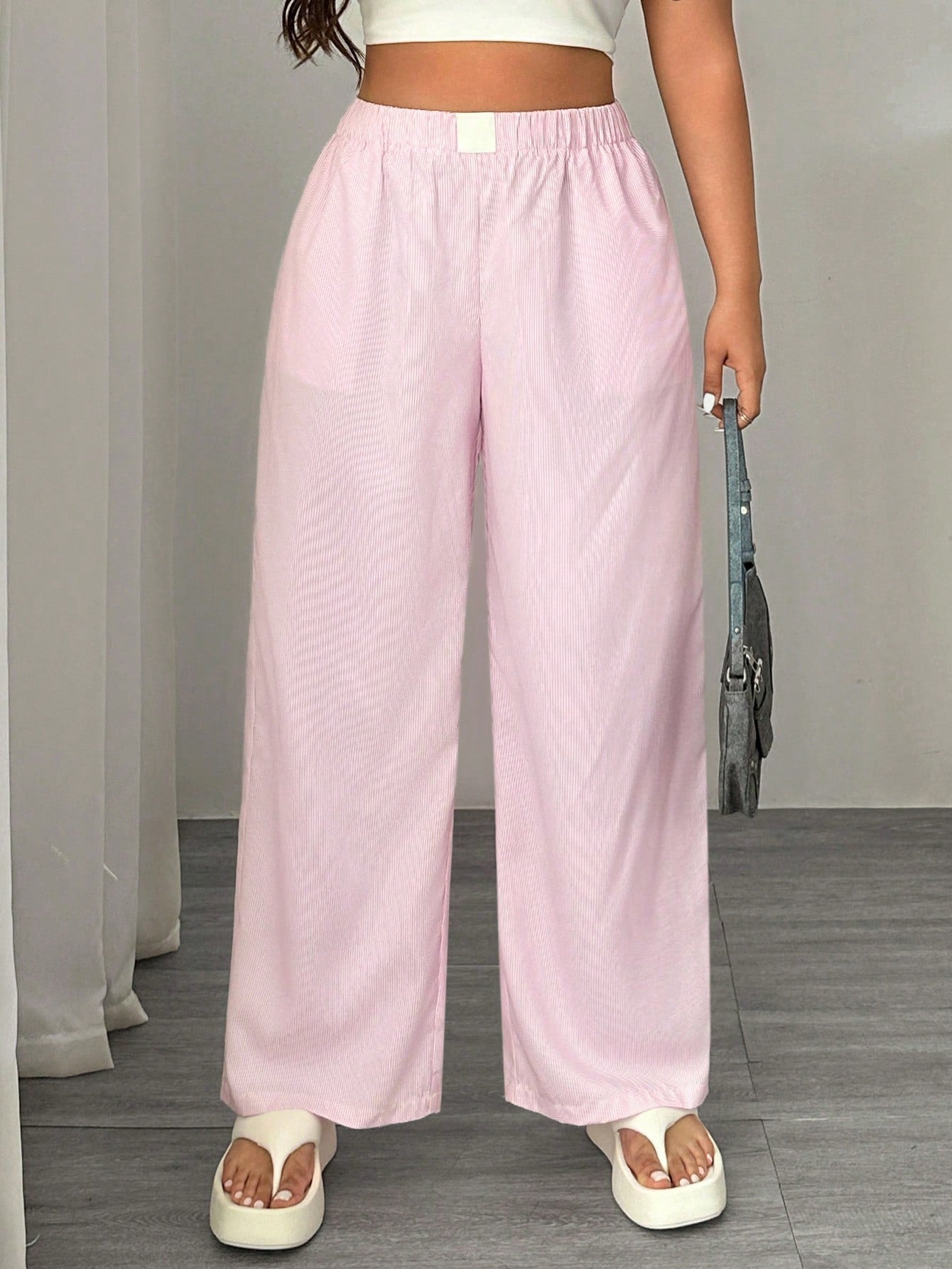 EZwear Plus Size Pink And White Striped Casual Pants