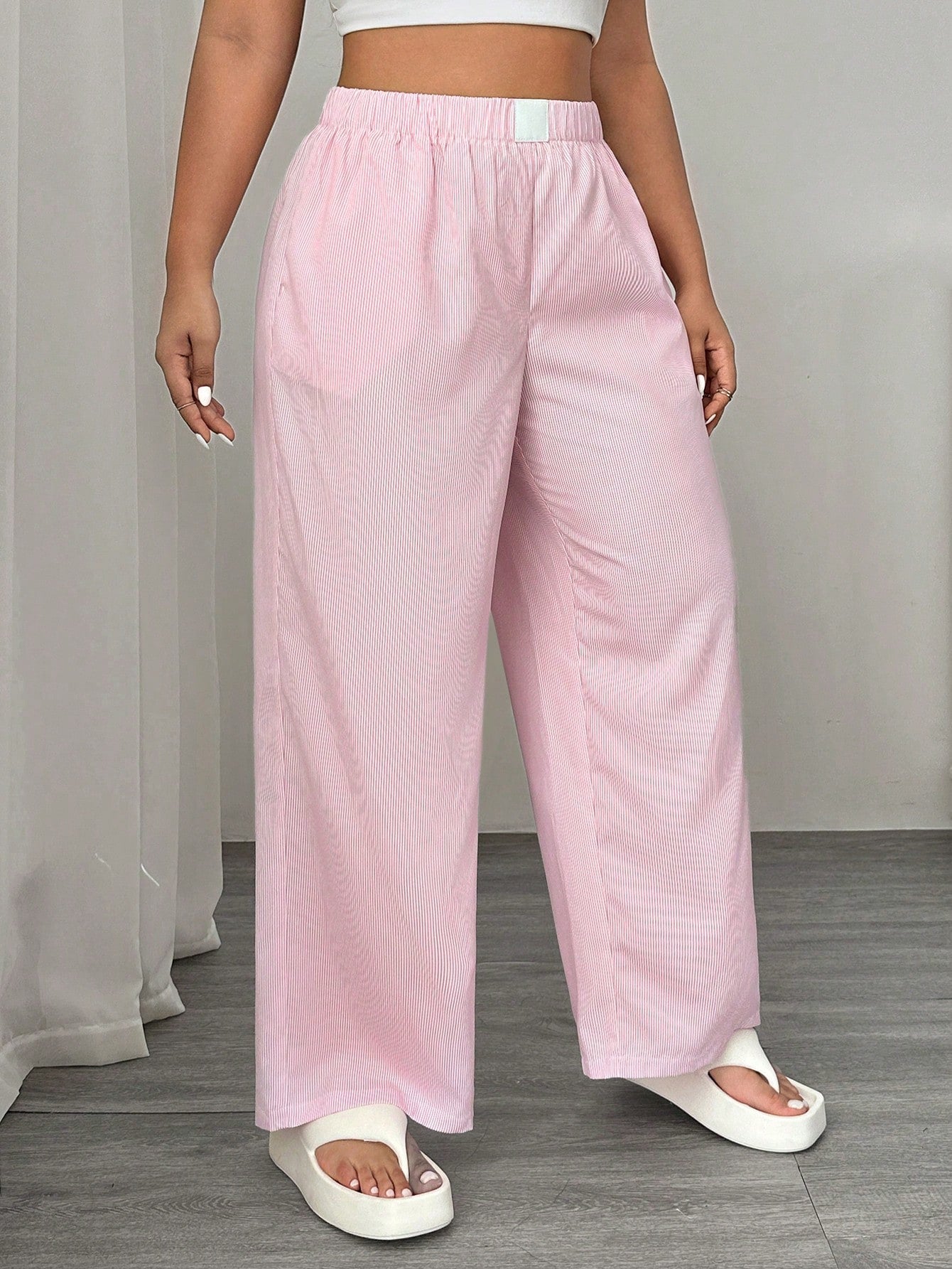 EZwear Plus Size Pink And White Striped Casual Pants