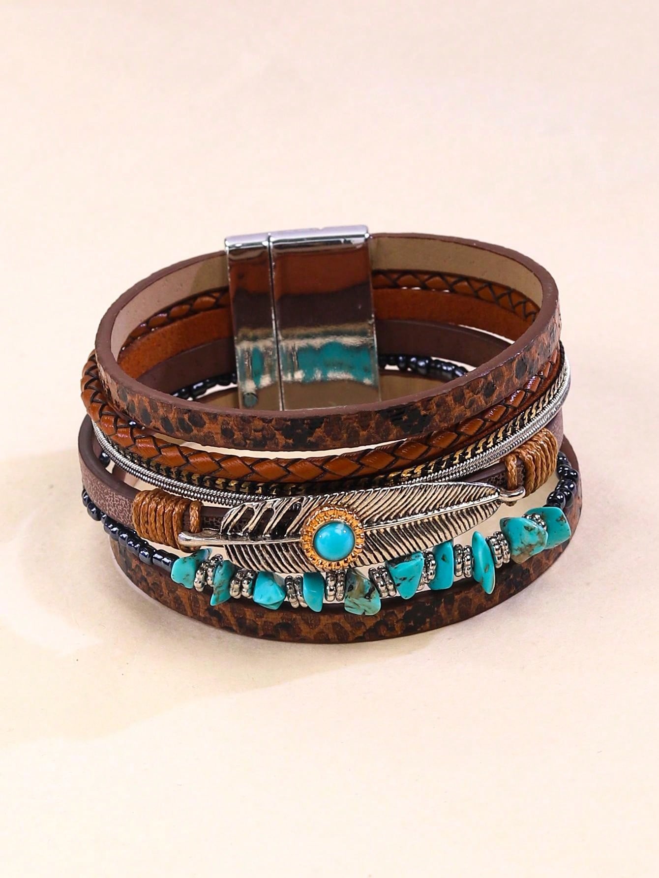 Feather Braided Leather Bracelet With Vintage Bohemian Green Turquoise Stone And Magnetic Clasp