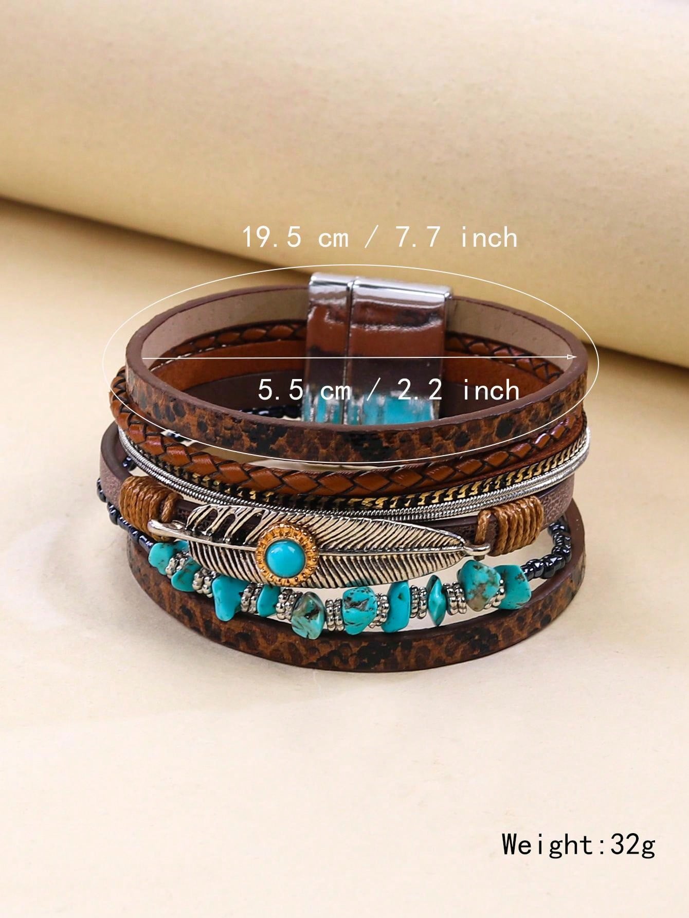 Feather Braided Leather Bracelet With Vintage Bohemian Green Turquoise Stone And Magnetic Clasp