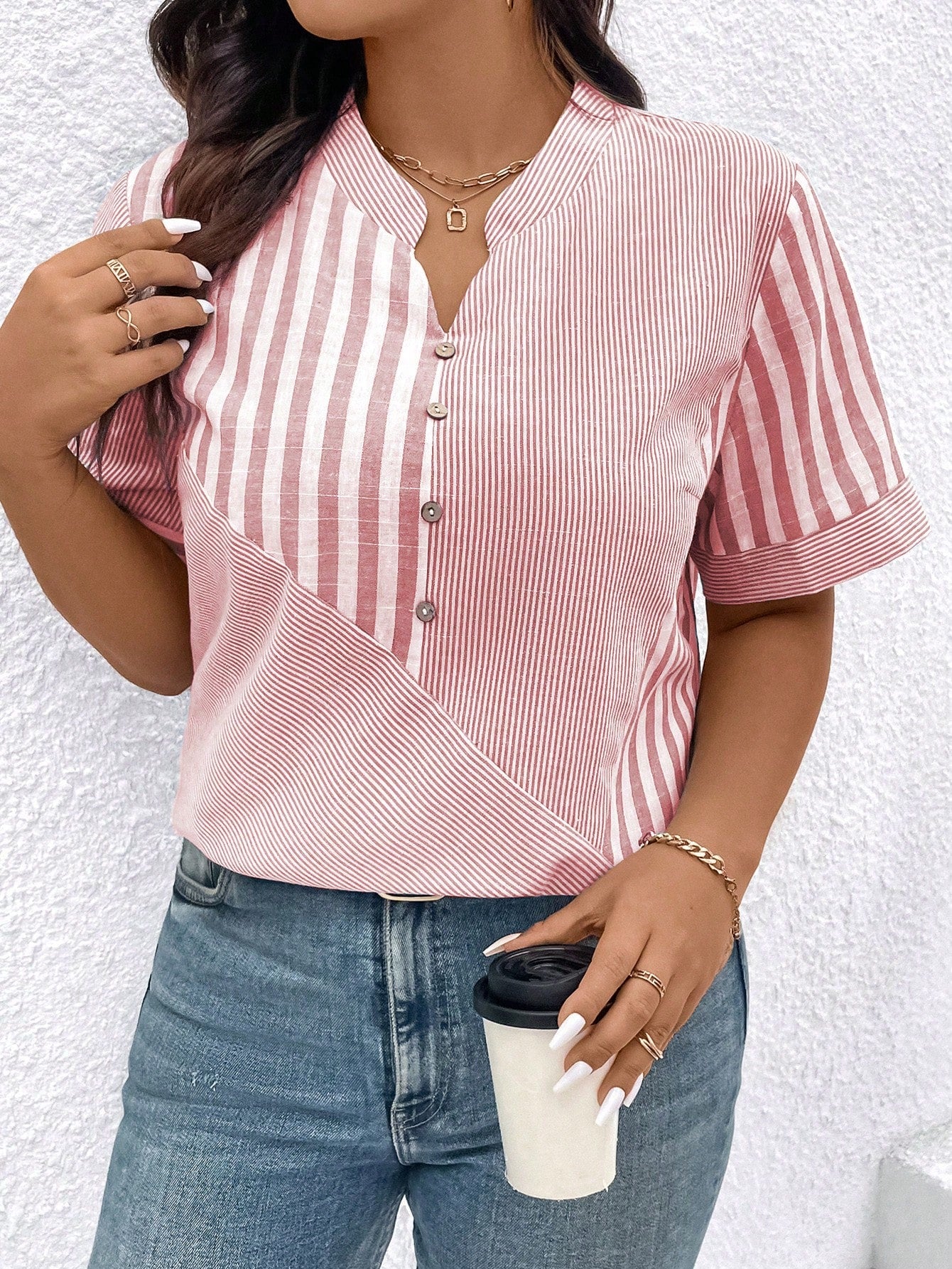 LUNE Plus Size Women Vertical Striped Notched Collar Summer Shirt