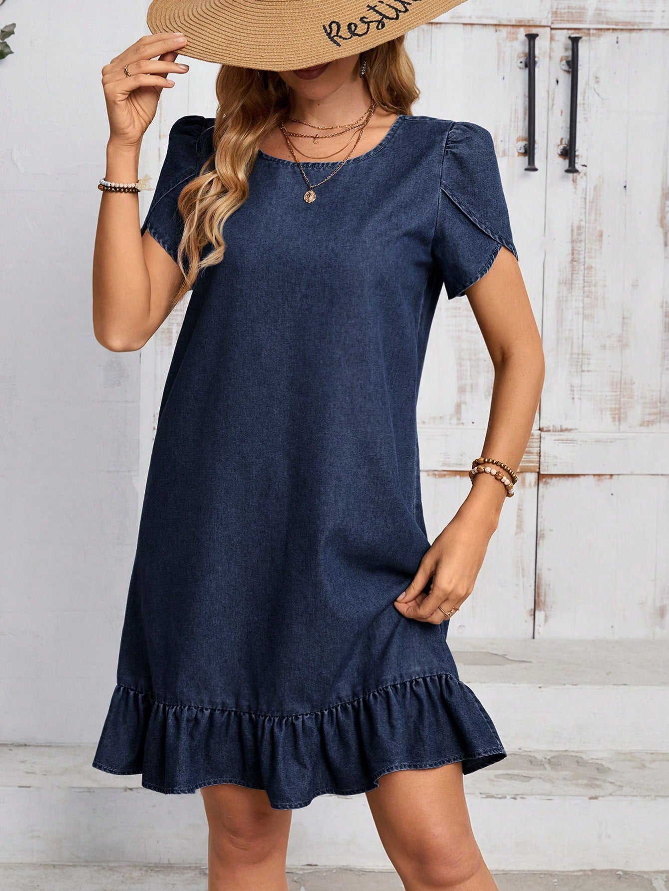 LUNE Casual Ruffle Trim Denim Sundress With Puff Sleeves