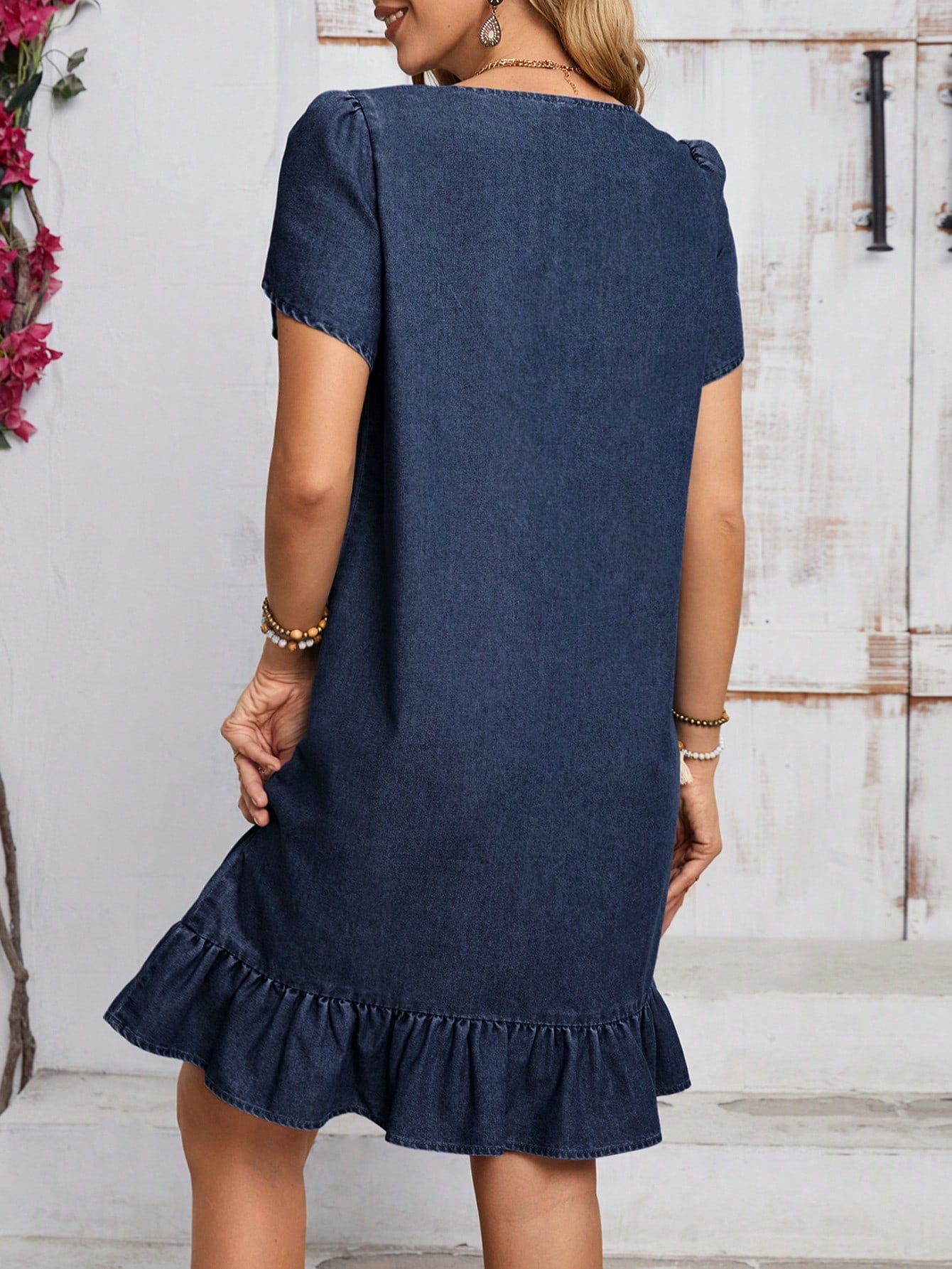 LUNE Casual Ruffle Trim Denim Sundress With Puff Sleeves