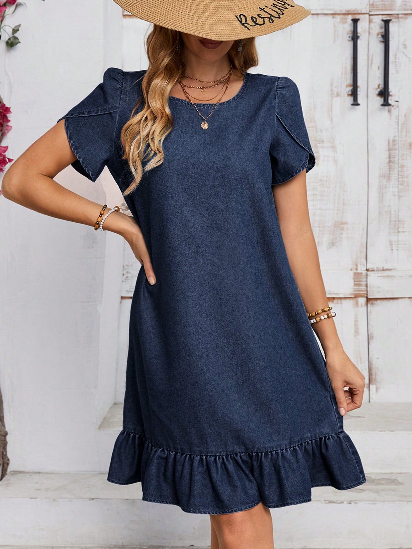 LUNE Casual Ruffle Trim Denim Sundress With Puff Sleeves