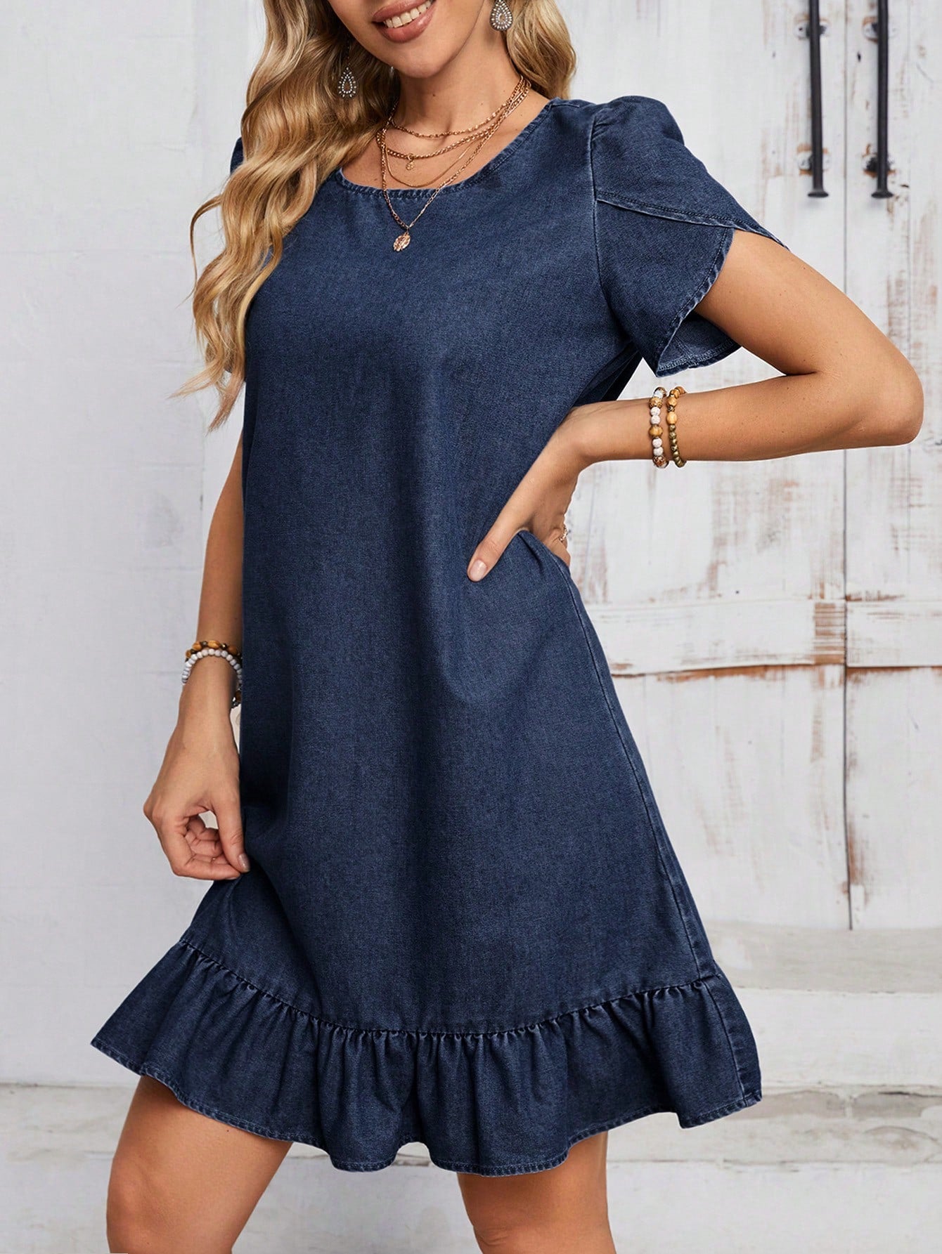 LUNE Casual Ruffle Trim Denim Sundress With Puff Sleeves