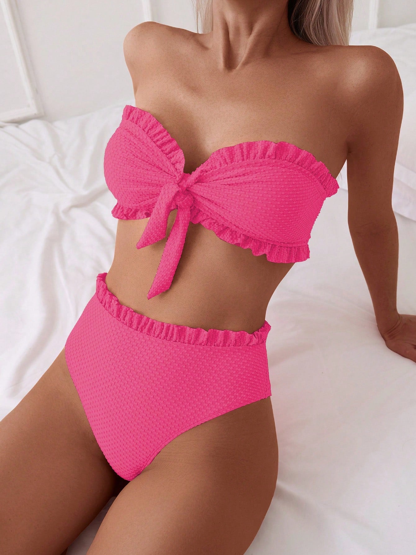 Women's Solid Color Ruffle Bandeau Sexy Bikini Set For Summer Beach