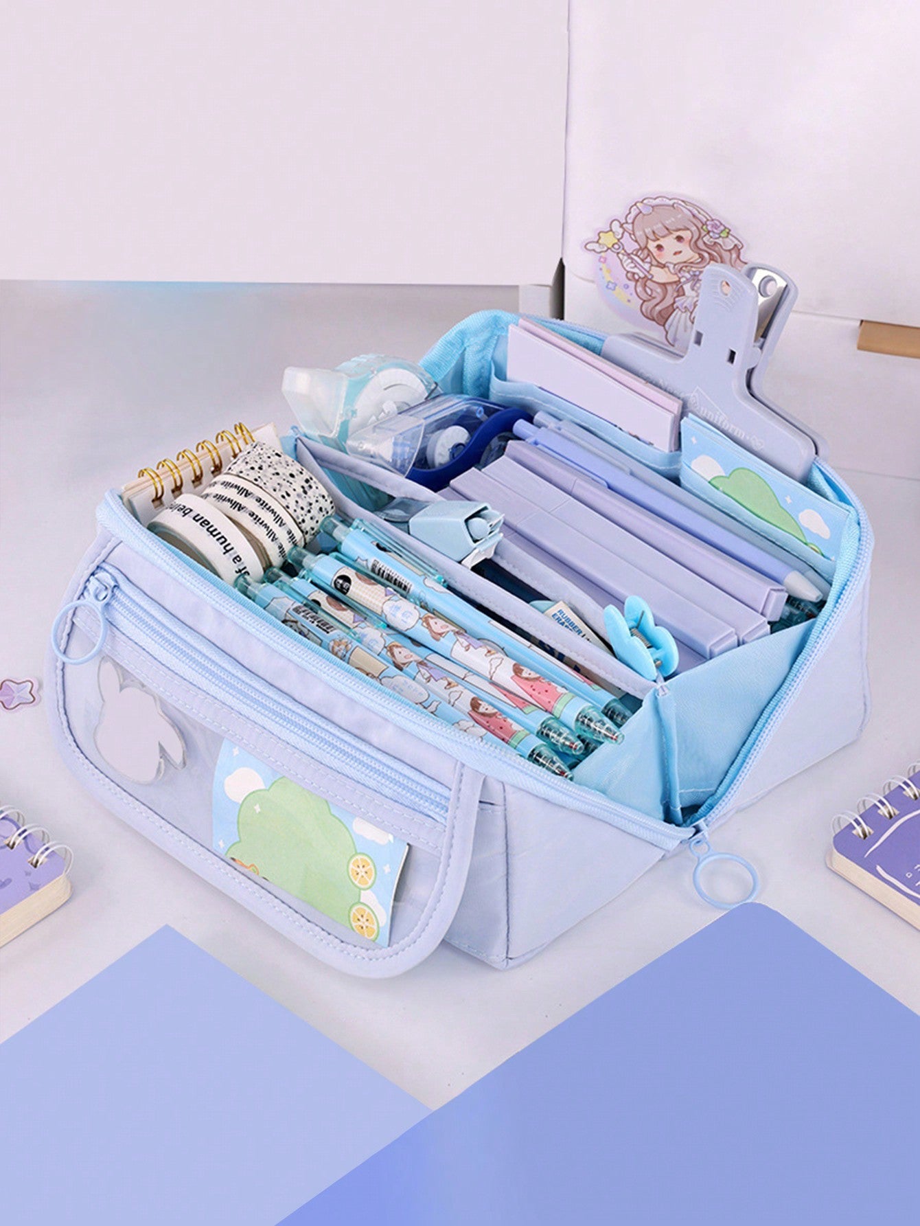 1pc New Large Capacity Upgrade Window Prism Flap Student Stationery Storage Box, Can Be Used To Store Pen Class Ruler Hand Tent Tape, Campus Series Back-To-School Exam Special Canvas Pen Bag, Multi-Functional Dormitory Desktop Makeup Oh Desktop Accessori