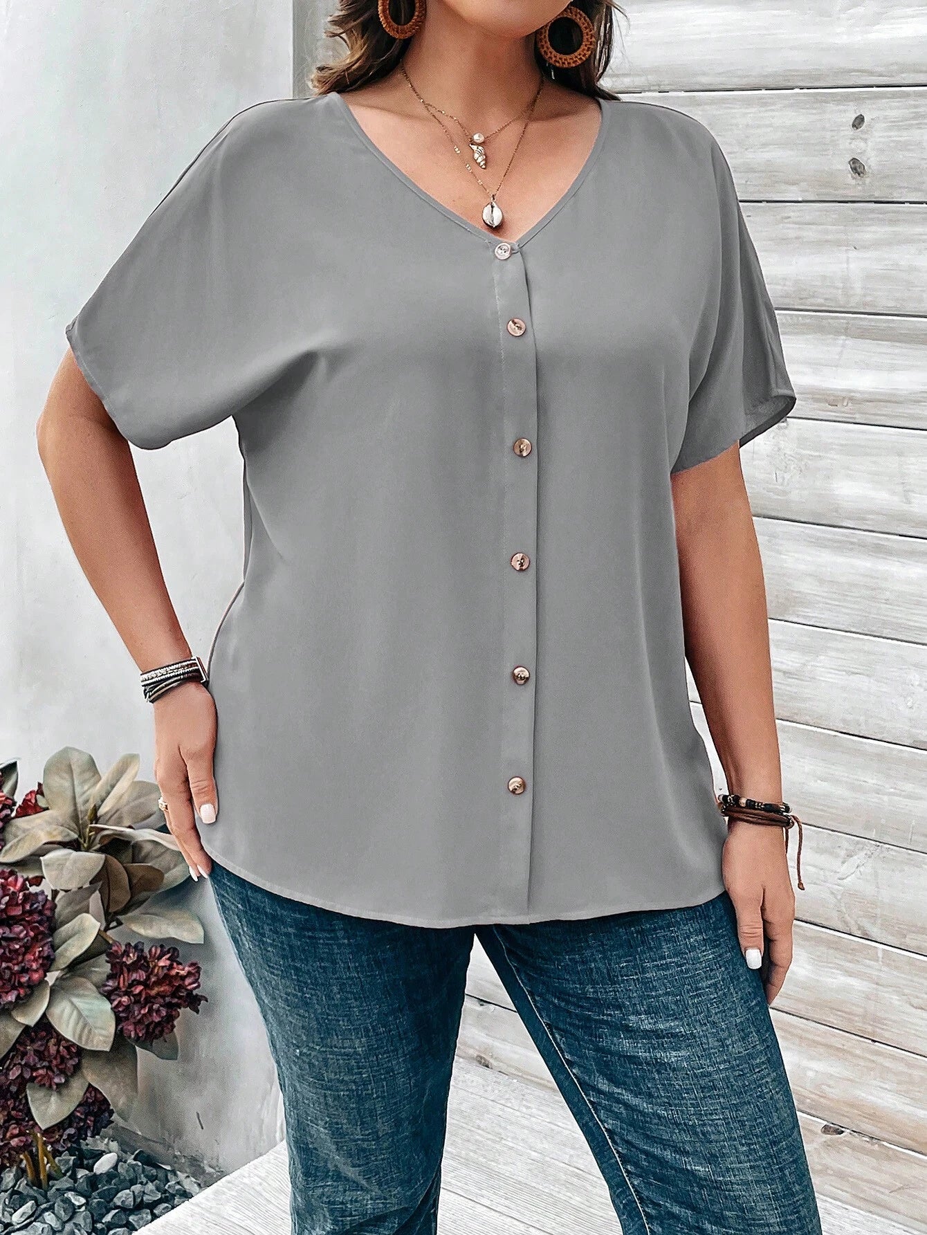 EMERY ROSE Plus Size Women's Orange Button Embellished Short Sleeve Blouse For Spring