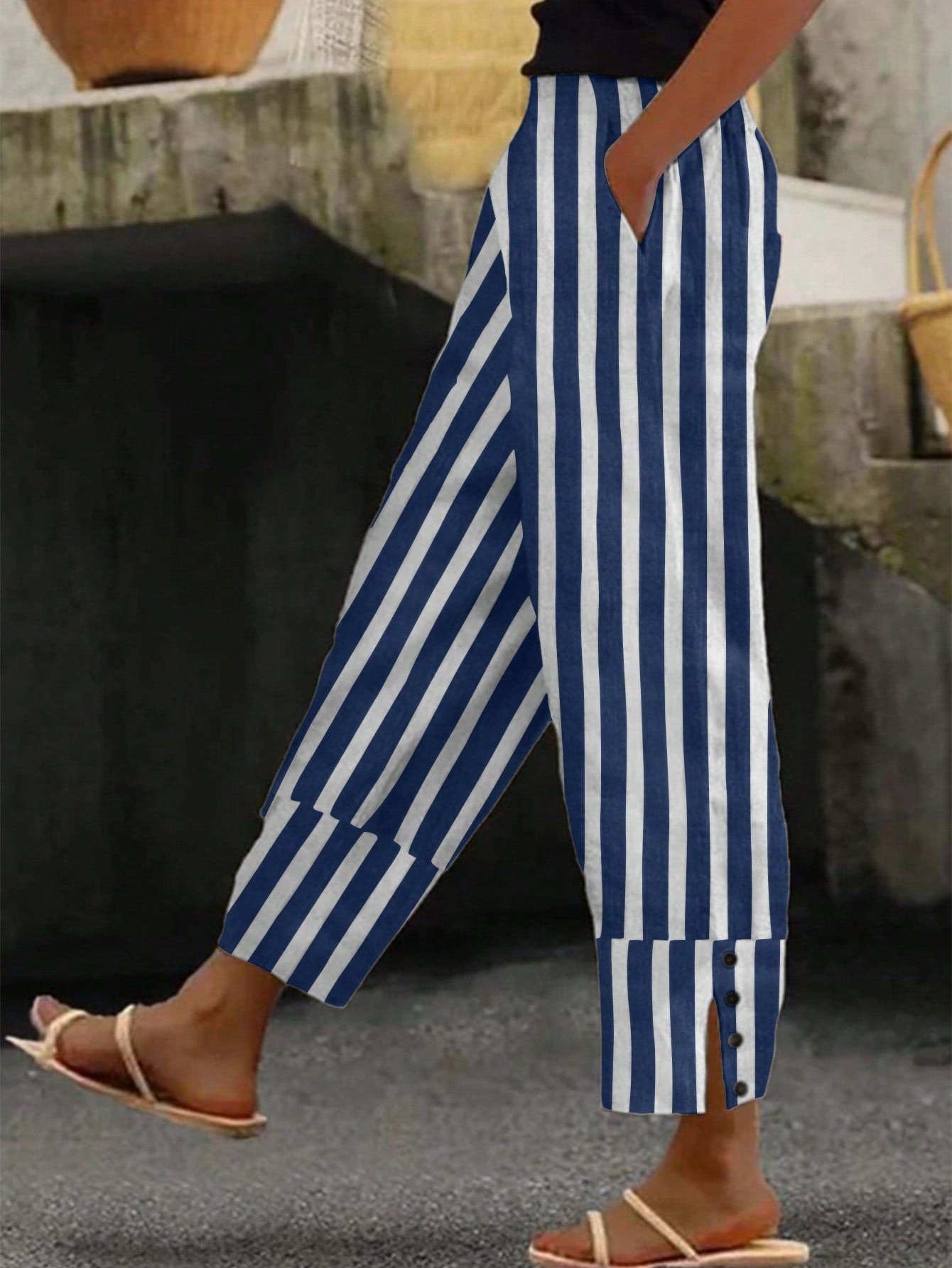 EMERY ROSE Women's Summer Vacation Casual Striped Trousers With Decorative Button And Slit Design