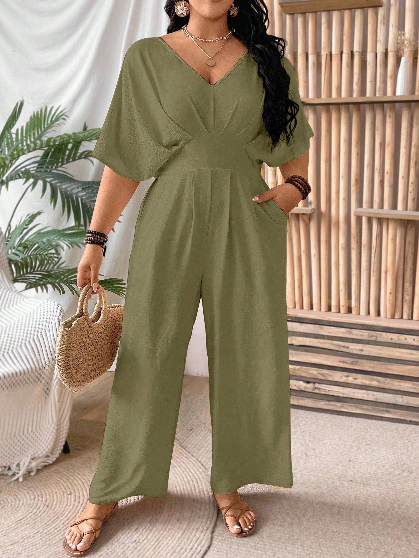 VCAY Plus Size Backless Short Sleeve Jumpsuit For Commuting