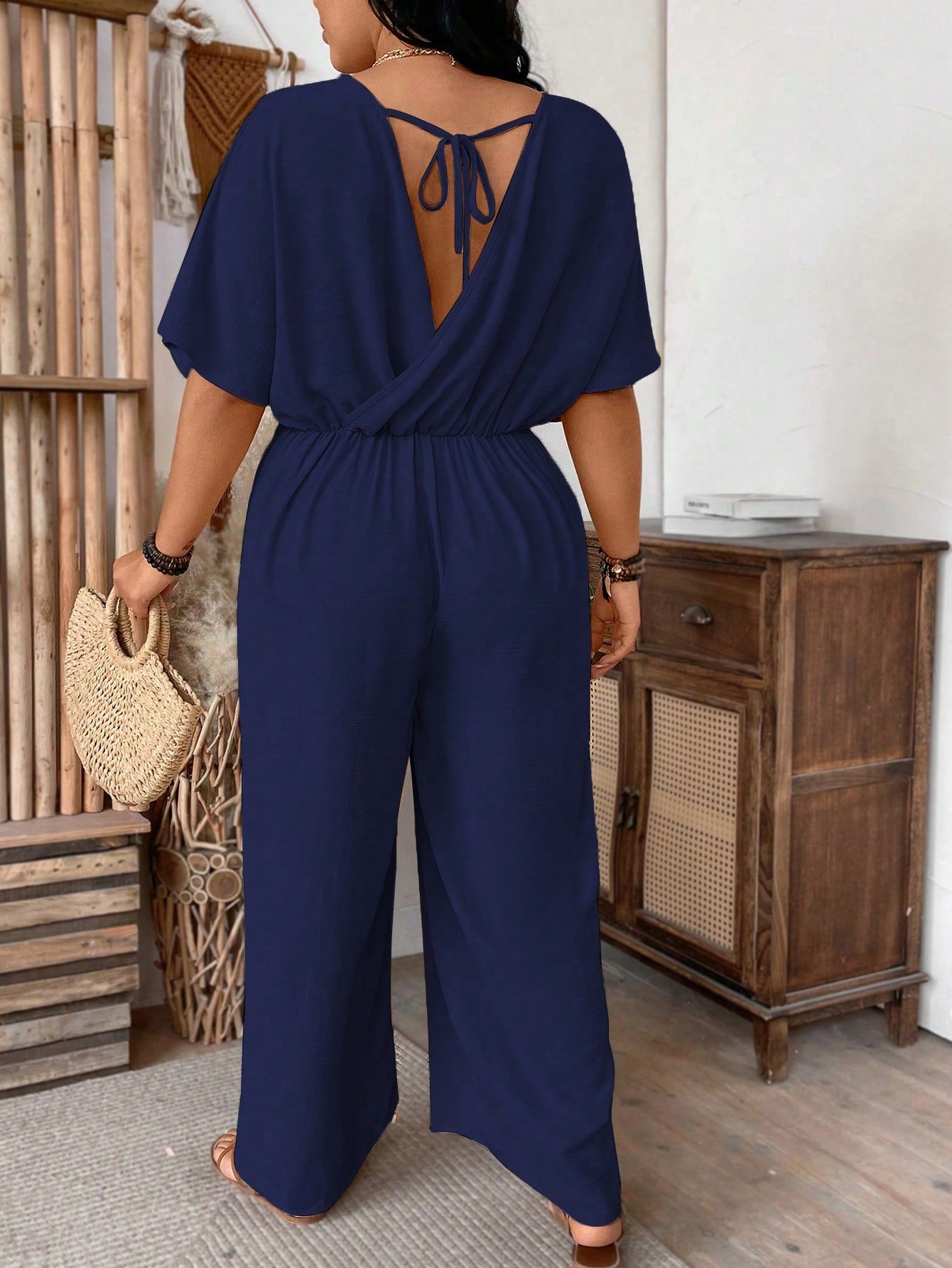 VCAY Plus Size Backless Short Sleeve Jumpsuit For Commuting