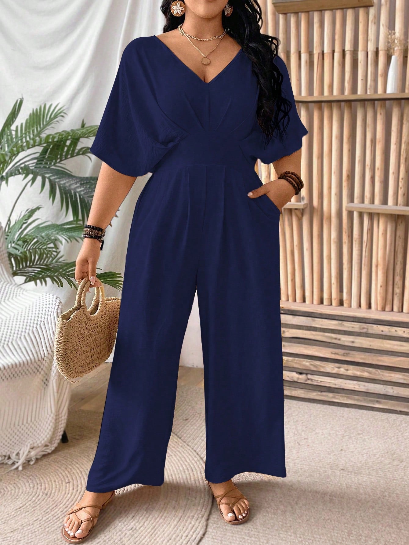 VCAY Plus Size Backless Short Sleeve Jumpsuit For Commuting