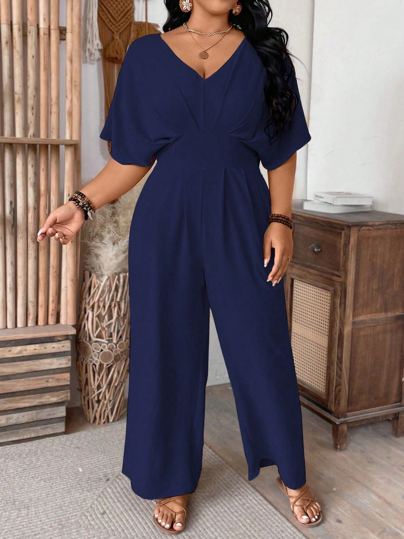 VCAY Plus Size Backless Short Sleeve Jumpsuit For Commuting