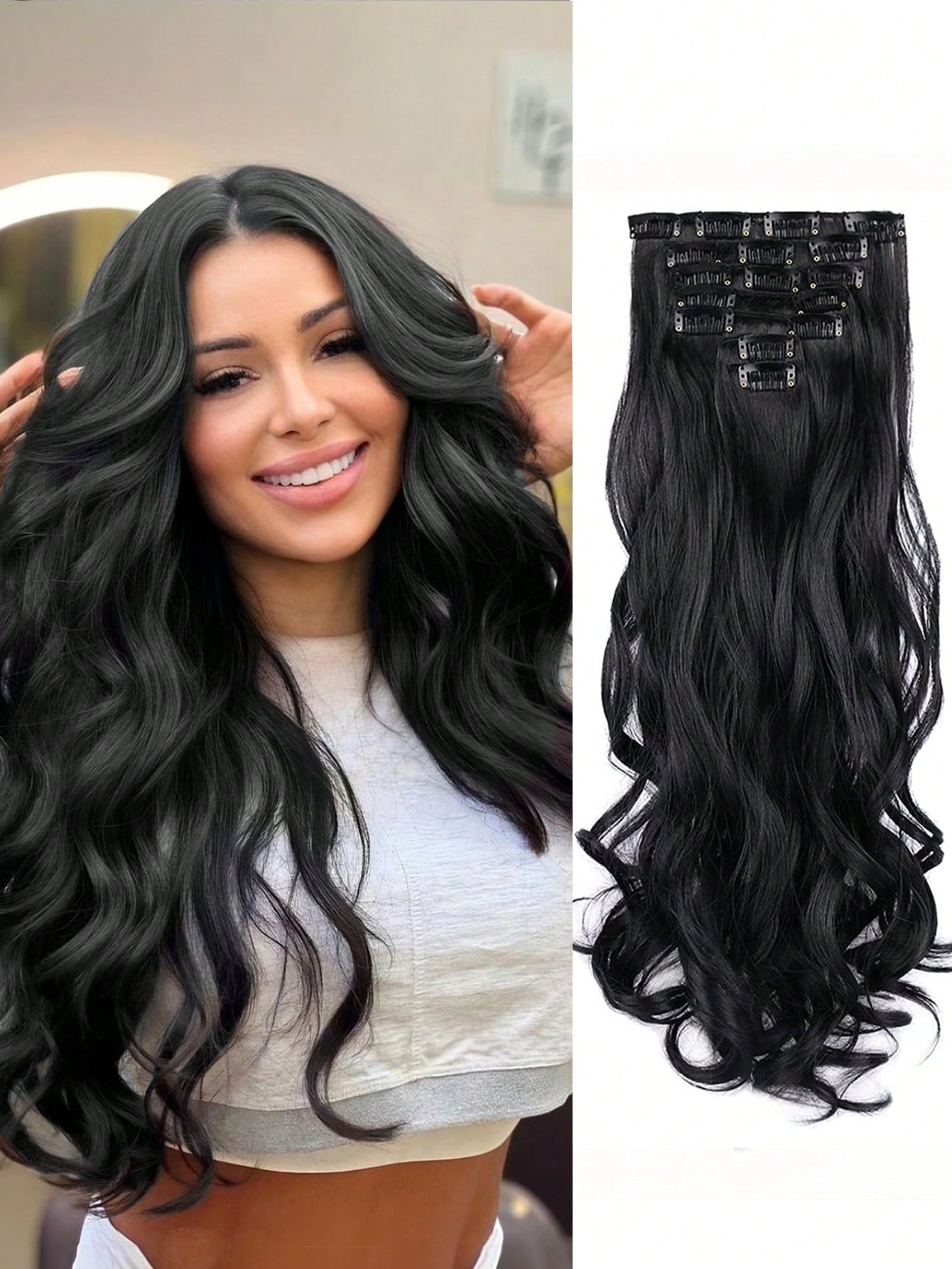 Women 20 Inches Curly Full Head 7 Separate Pieces Heat Resistance Synthetic Hair Clip In Hair Extensions Strawberry Blonde/Bleach Blonde Highlights