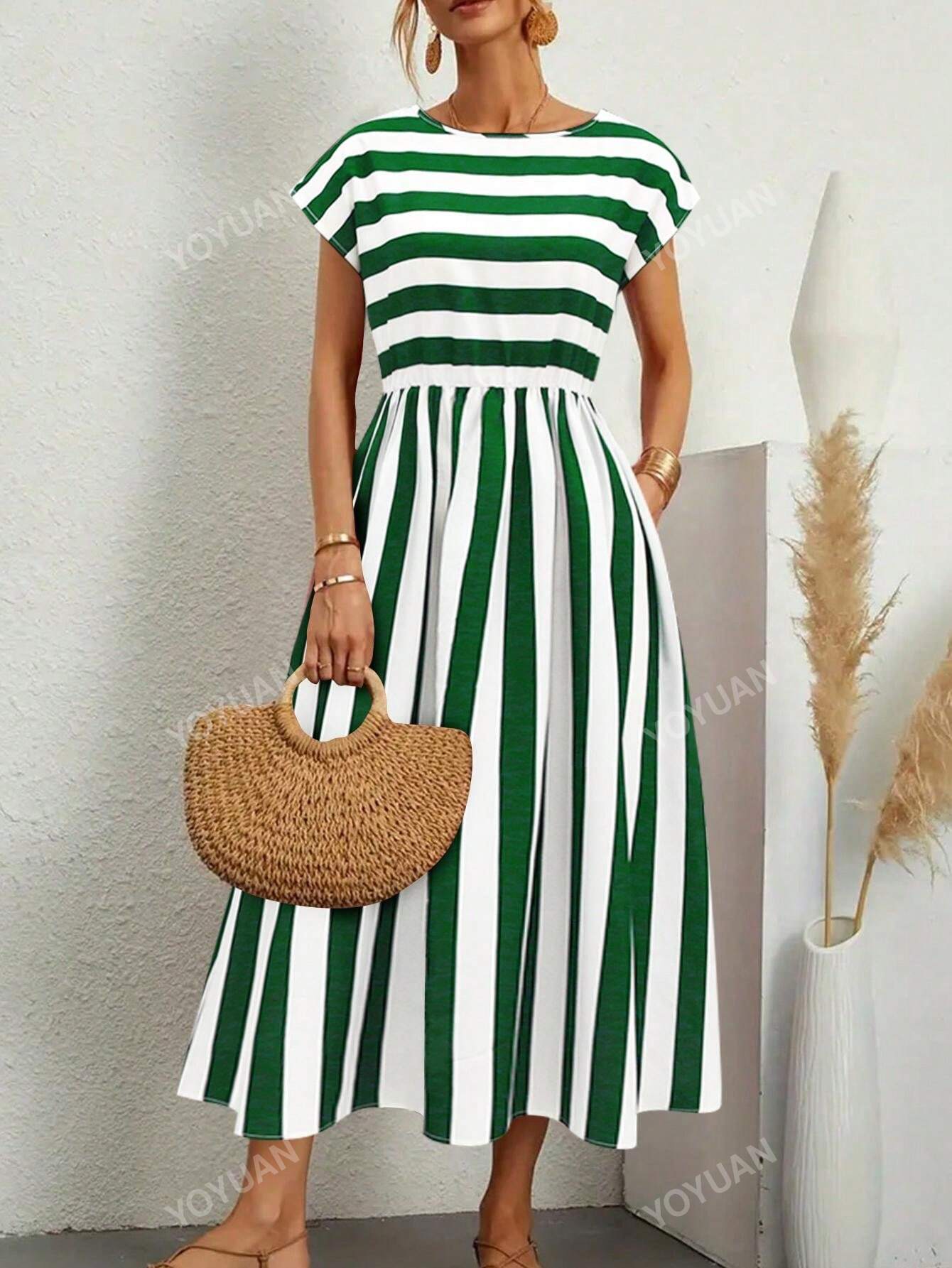 Summer Round Neck Striped Drop Shoulder Sleeve A-Line Midi Dress