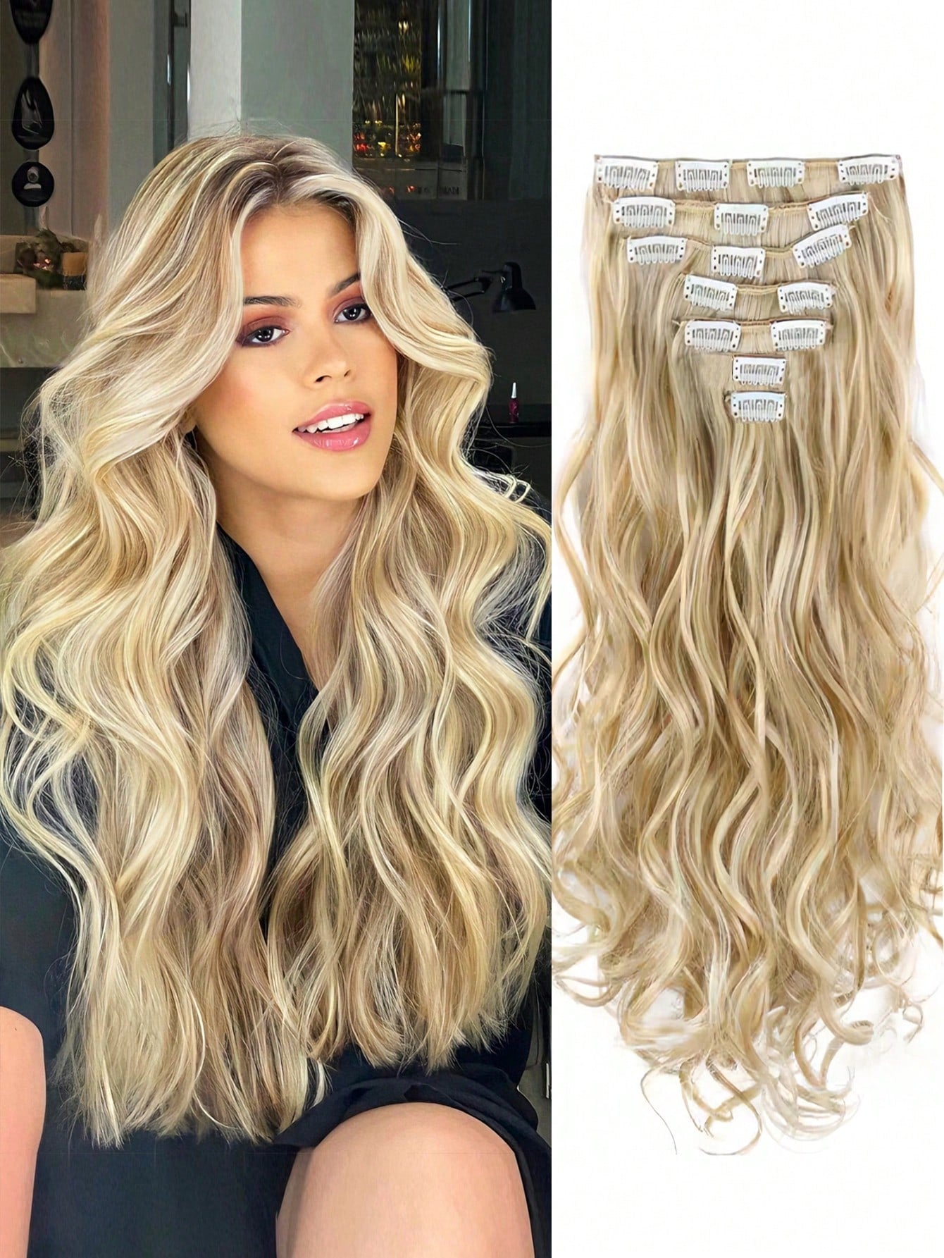 Women 20 Inches Curly Full Head 7 Separate Pieces Heat Resistance Synthetic Hair Clip In Hair Extensions Strawberry Blonde/Bleach Blonde Highlights