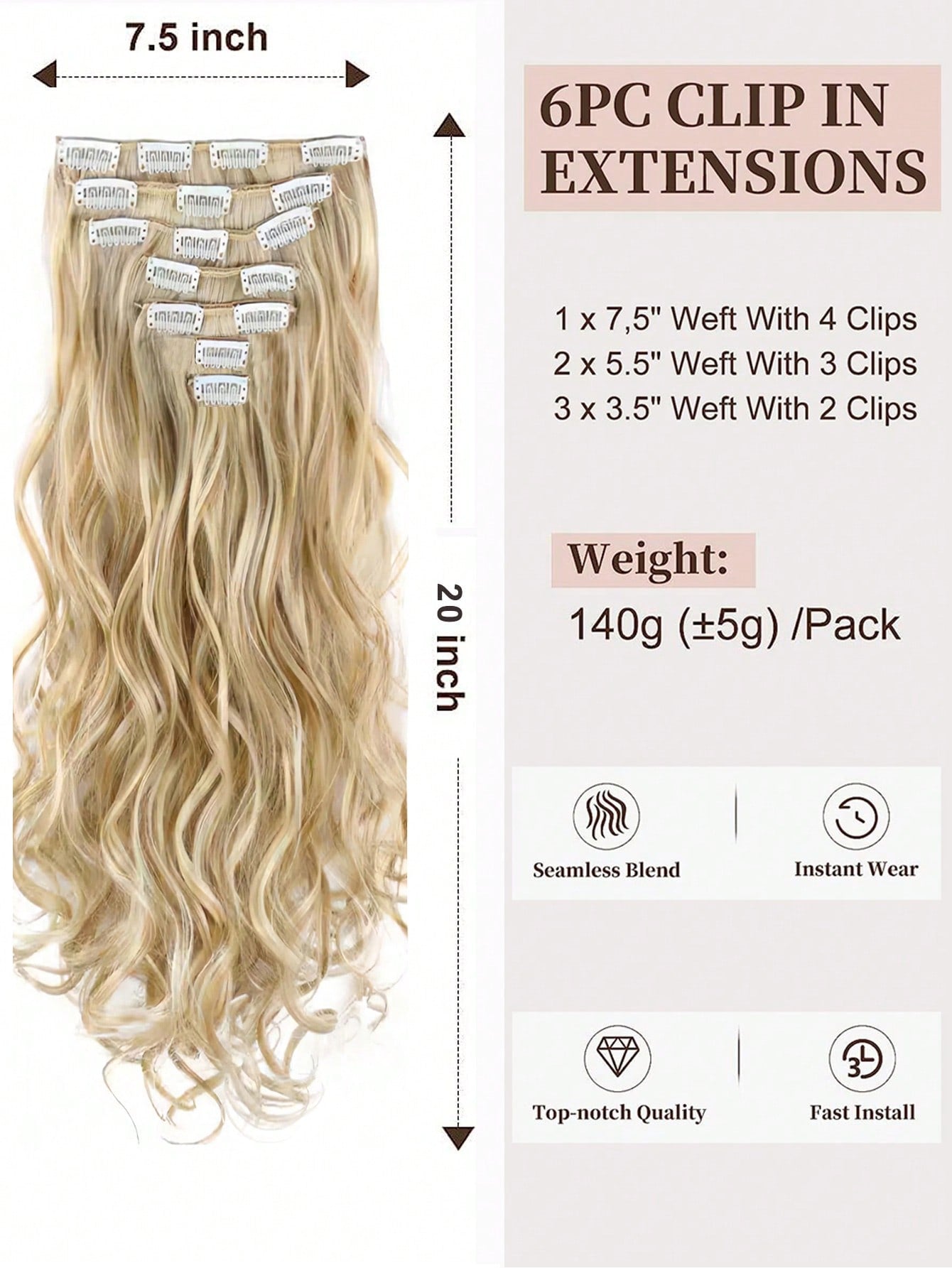 Women 20 Inches Curly Full Head 7 Separate Pieces Heat Resistance Synthetic Hair Clip In Hair Extensions Strawberry Blonde/Bleach Blonde Highlights