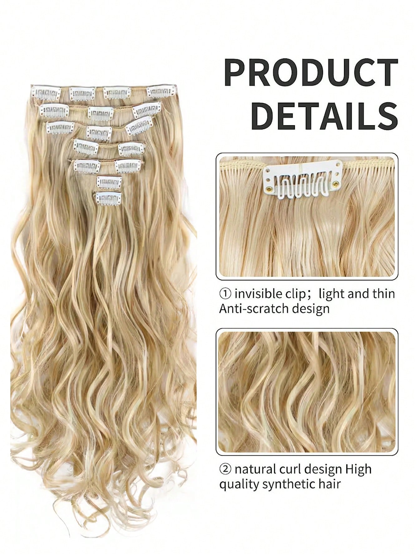 Women 20 Inches Curly Full Head 7 Separate Pieces Heat Resistance Synthetic Hair Clip In Hair Extensions Strawberry Blonde/Bleach Blonde Highlights