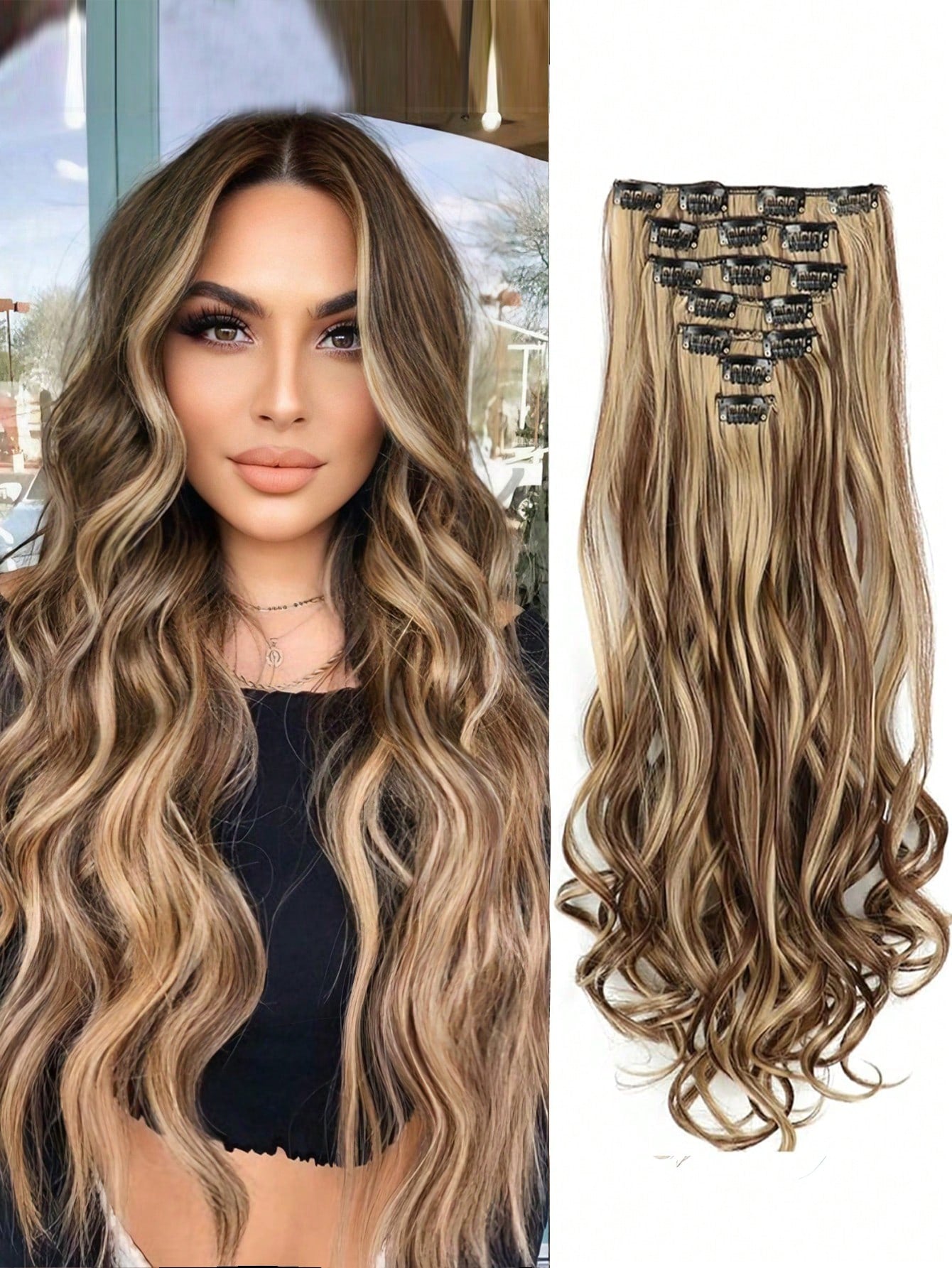 Women 20 Inches Curly Full Head 7 Separate Pieces Heat Resistance Synthetic Hair Clip In Hair Extensions Strawberry Blonde/Bleach Blonde Highlights