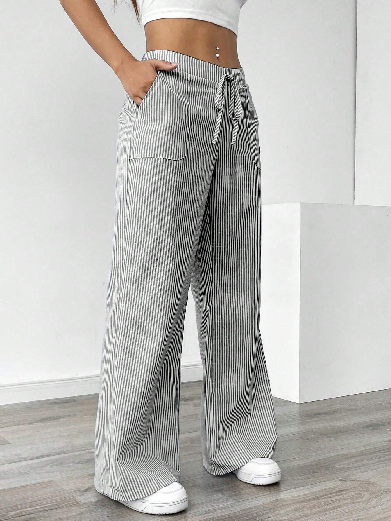 Essnce Women Blue Striped Wide Leg Lounge Pants, Casual & Holiday