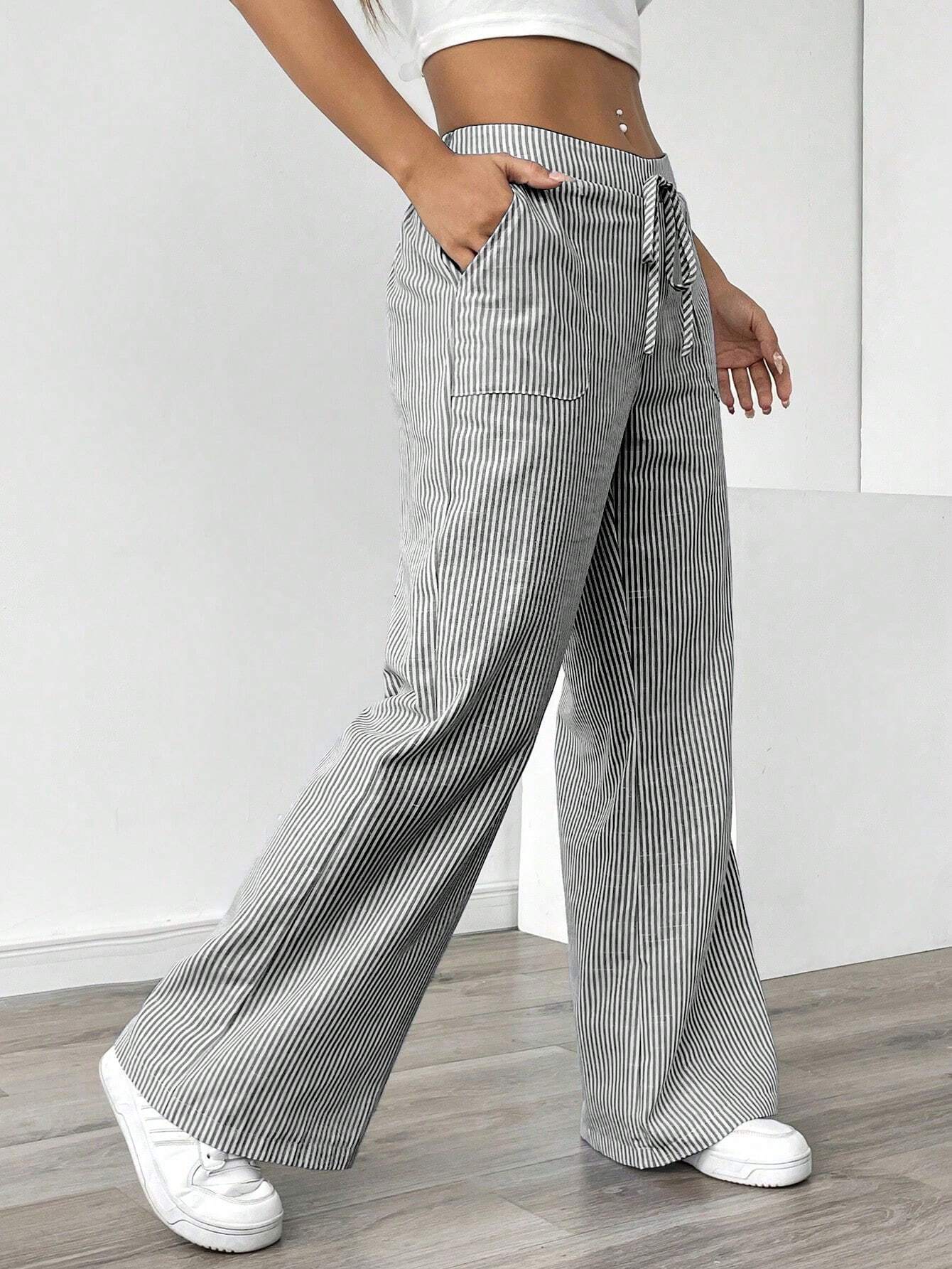 Essnce Women Blue Striped Wide Leg Lounge Pants, Casual & Holiday