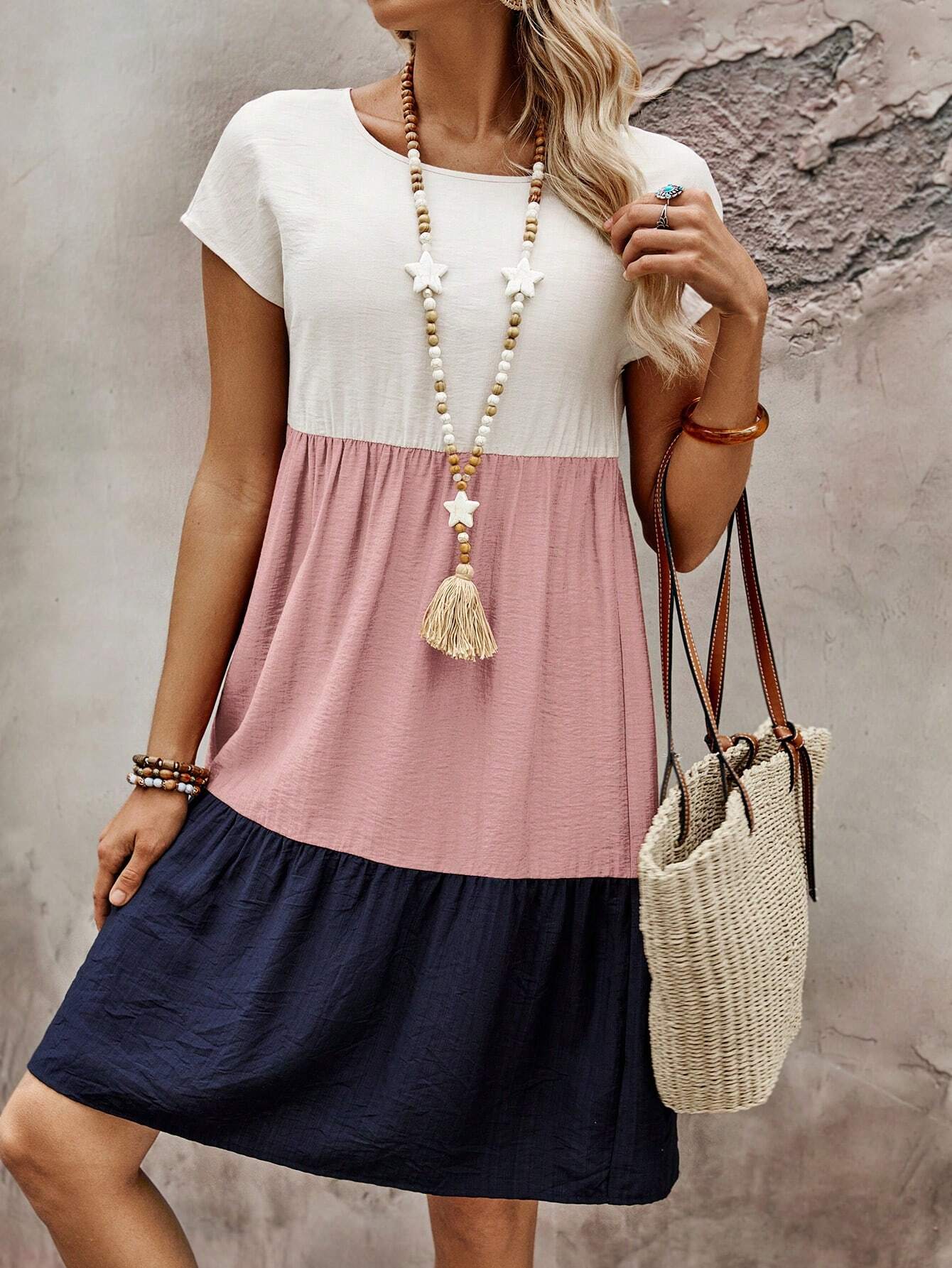 EMERY ROSE Bohemian Style Multi-Layered Dolly Mini Dress, Colorblock Round Neck Short Sleeve Casual Dress For Women